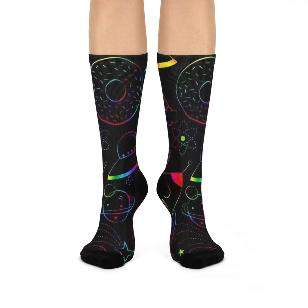 Cosmic Fun Cushioned Crew Socks - Colorful Space Design, Unique Gift for Astronomy Lovers, Comfortable Everyday Wear, Festival Accessory