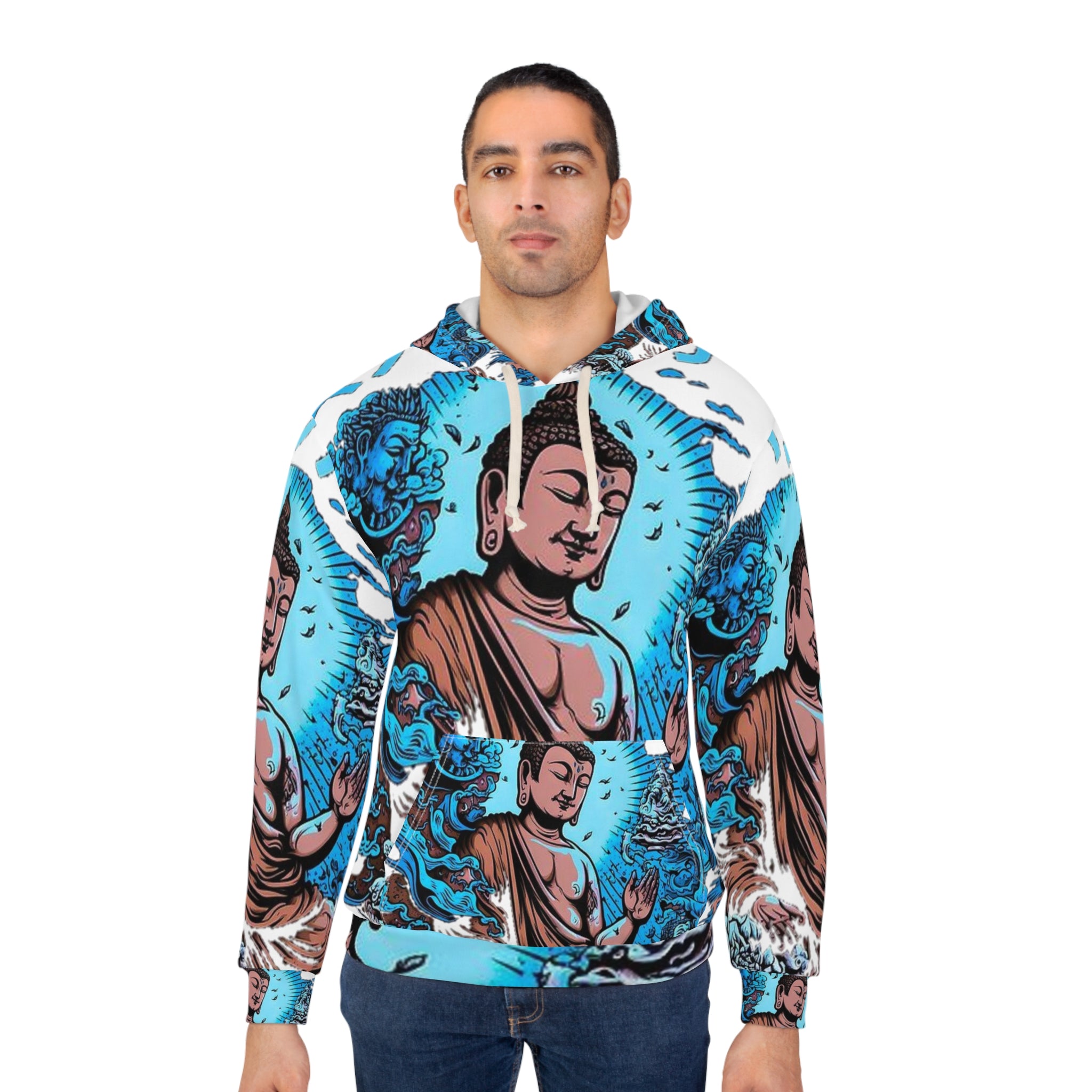 Buddha-Inspired Unisex Pullover Hoodie, Spiritual Hoodie, Meditation Apparel, Calm Vibe, Gift for Yogis, Colorful AOP Design