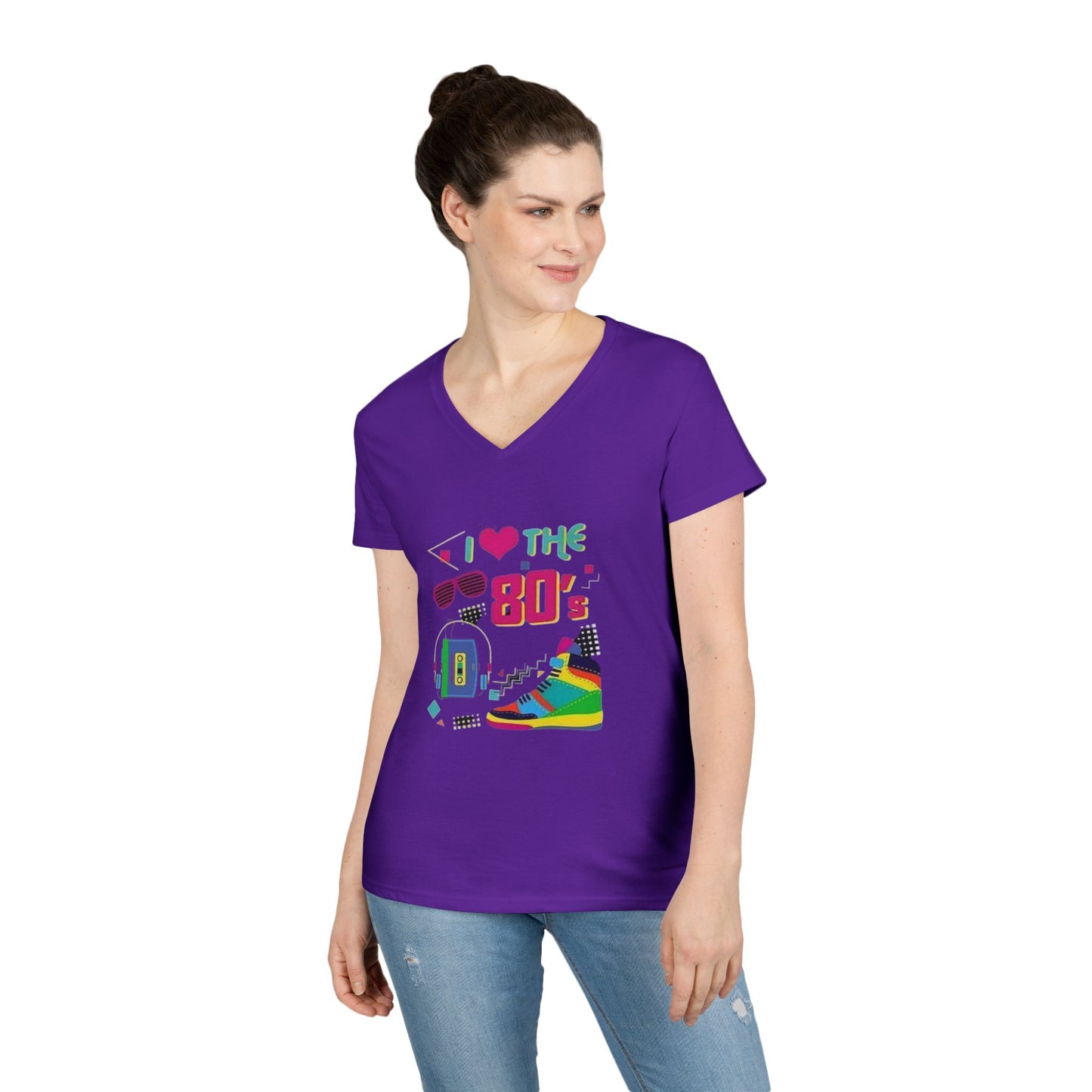 I Love The 80's Ladies' V-Neck T-Shirt, RetroStyle Tee, Vintage 80s Shirt, Perfect for Parties, Gifts for Her, Nostalgic Fashion