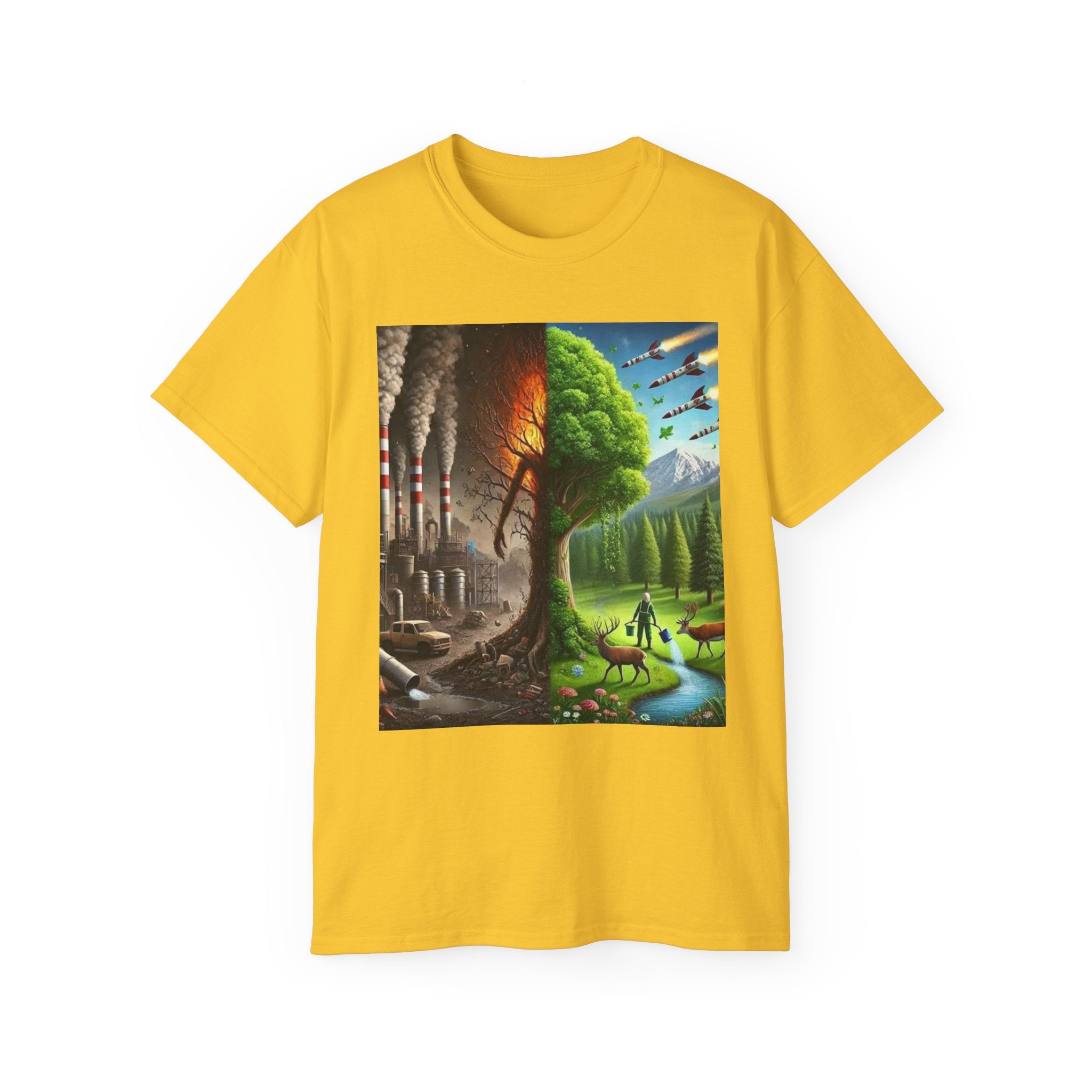 Eco-Conscious Graphic Tee - Nature vs. Pollution Art, Unisex T-Shirt for Environmental Awareness, Eco-Friendly Gift, Earth Day Apparel,