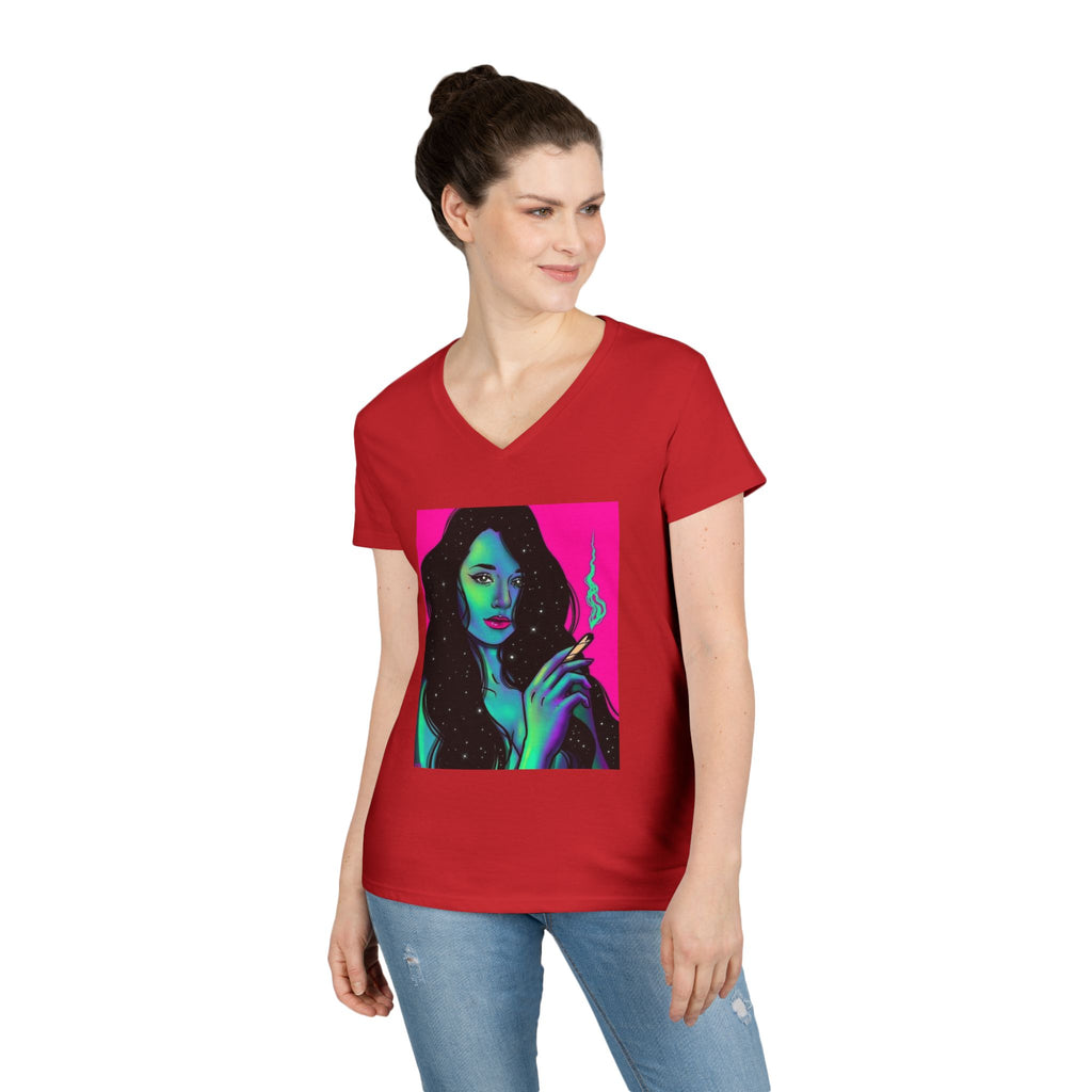 Cosmic Vibe Ladies' V-Neck T-Shirt with Mystical Artwork