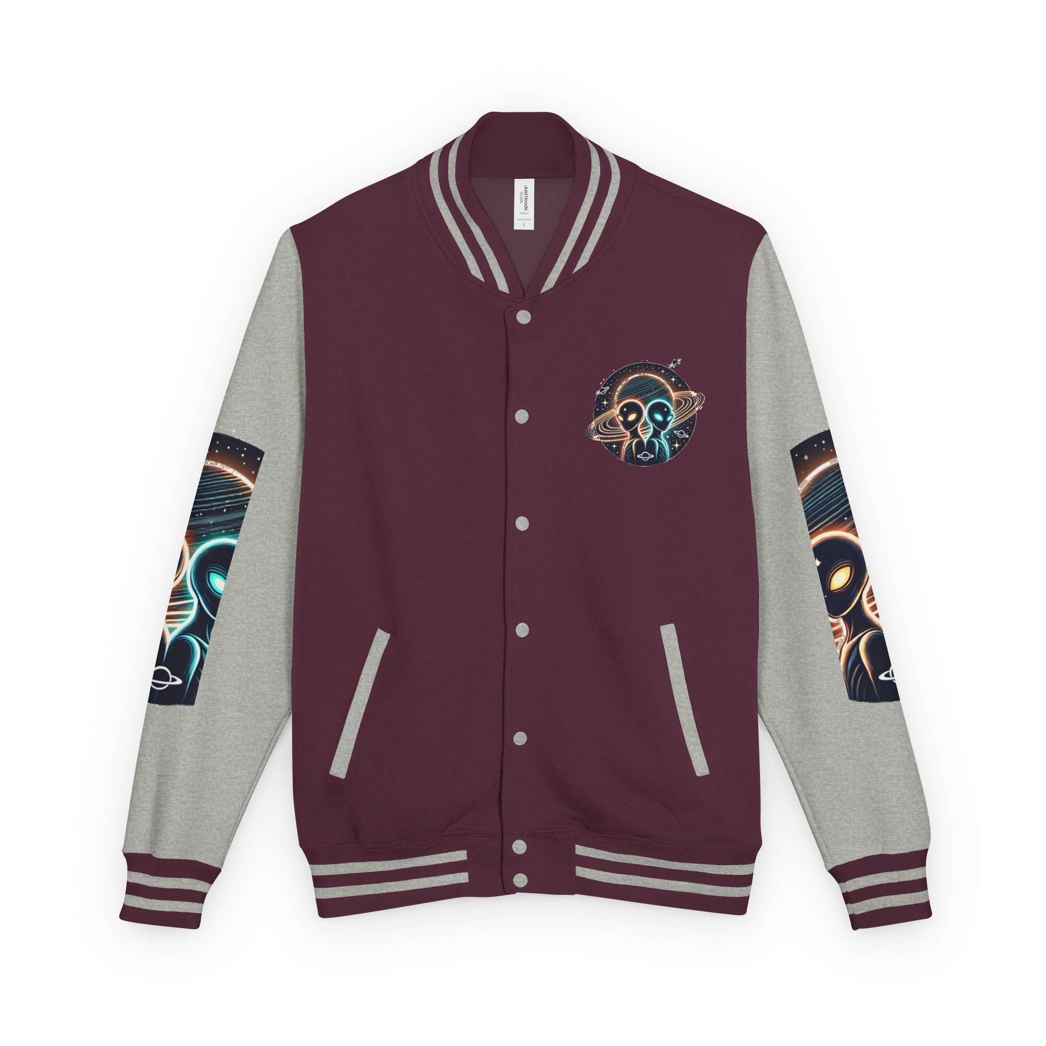 Cosmic Alien Letterman Jacket | Vintage Style Outerwear, Trendy Unisex Jacket, Space Theme Apparel, Perfect for Cosplay or Gift