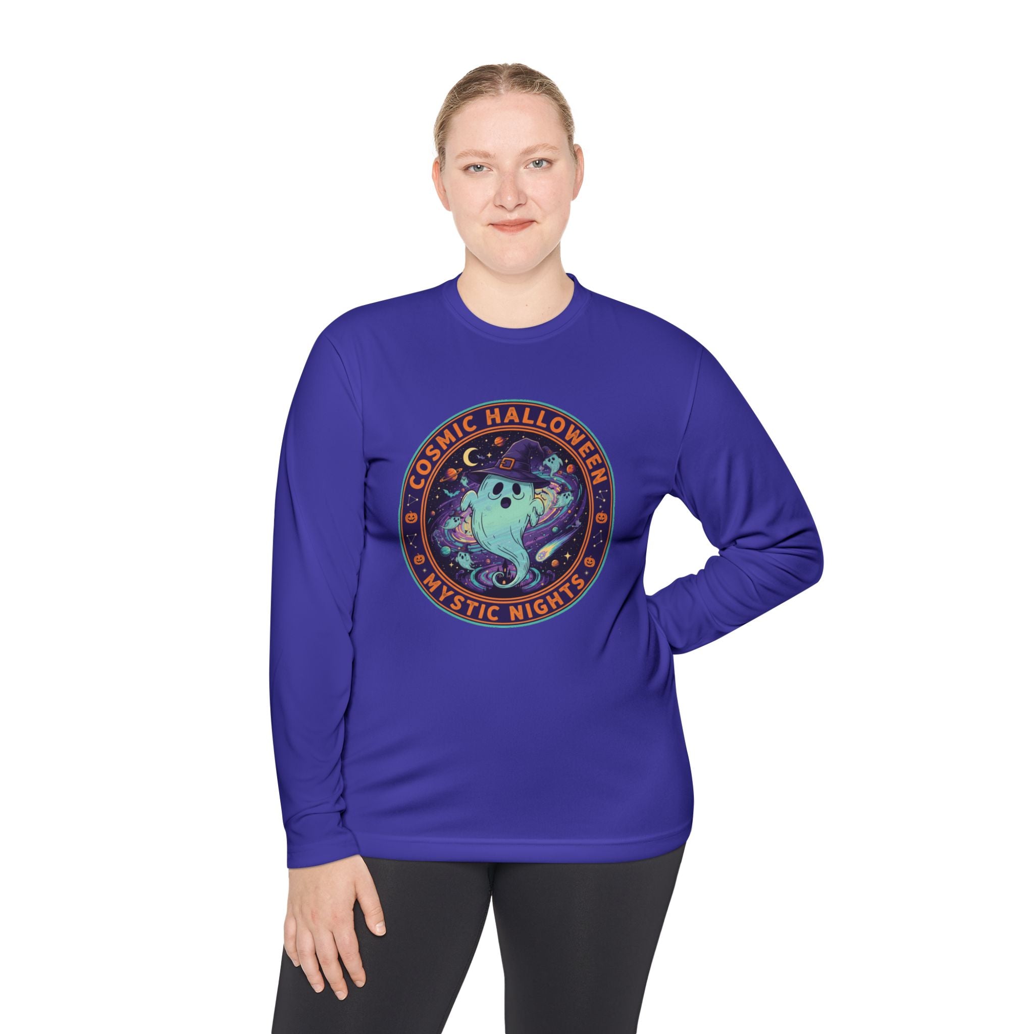 Cosmic Halloween Unisex Lightweight Long Sleeve Tee, Spooky Apparel for Fall, Ghost Graphic Tee, Mystic Nights Shirt, Halloween Fashion