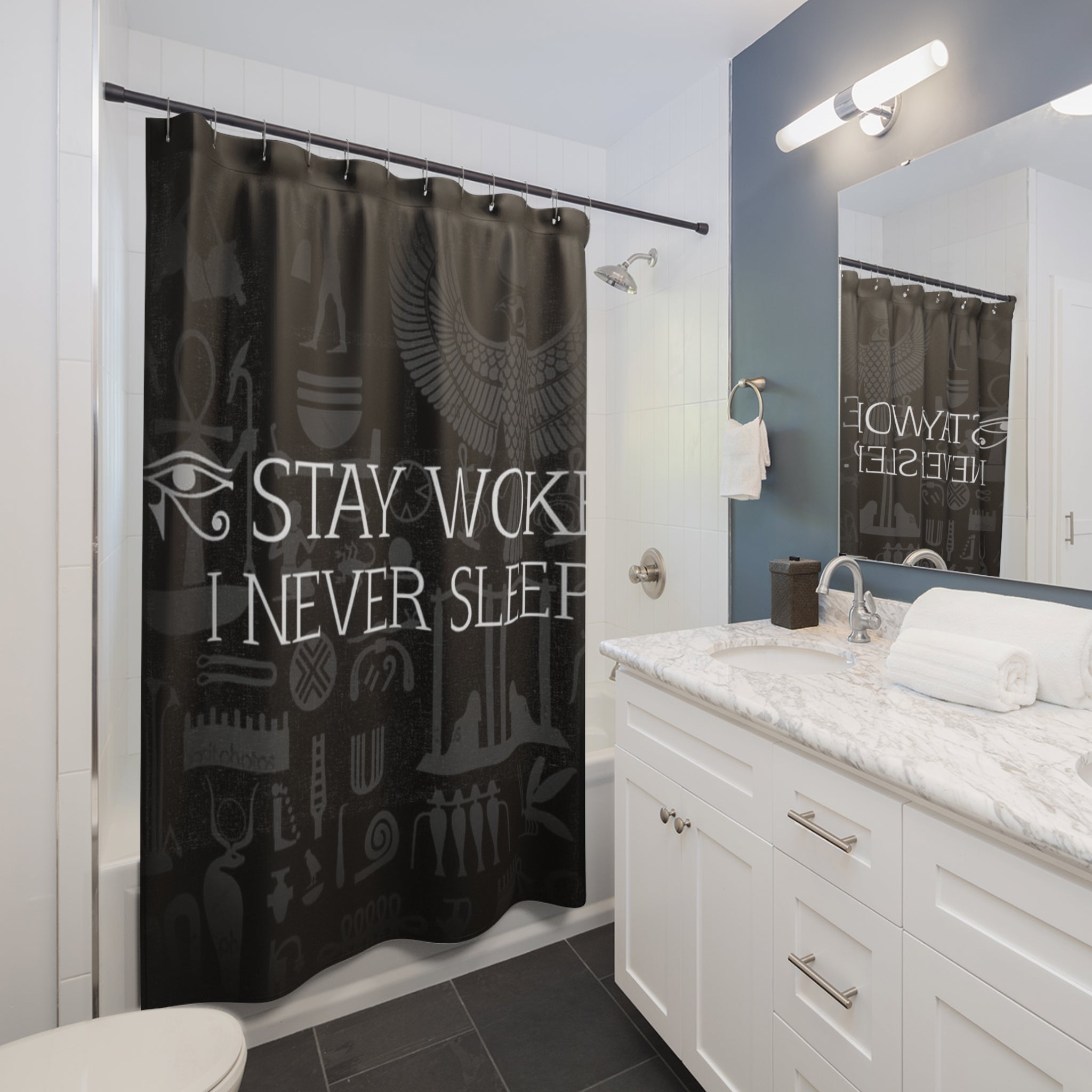 Stay Woke Shower Curtain - Black Boho Decor, Modern Bathroom, Motivational Quote, Spiritual Gift, Unique Home Accessory