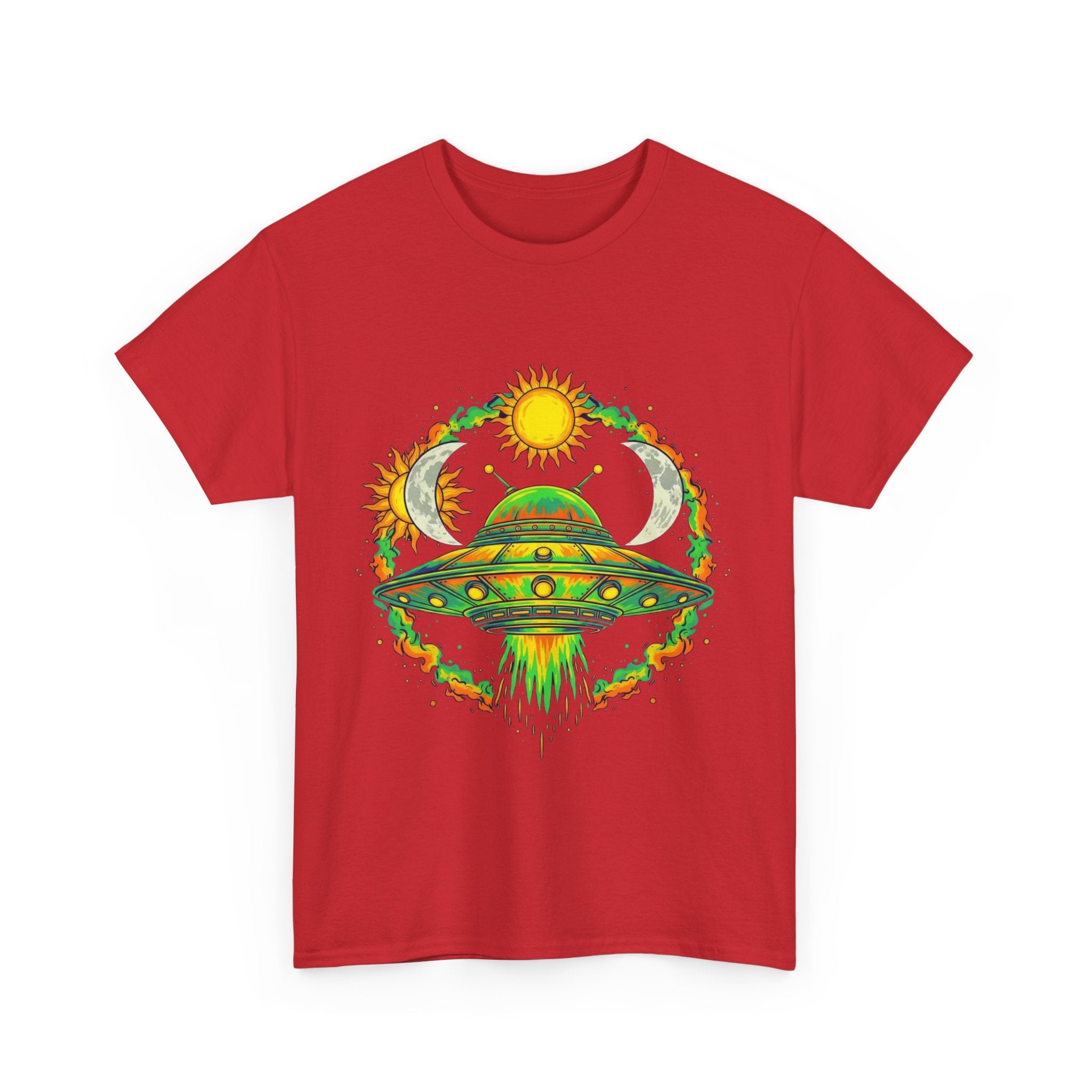 Cosmic Vibes Unisex Heavy Cotton Tee | UFO Graphic T-Shirt, Space Lover Gift, Festival Wear, Summer Style, Unique Tee