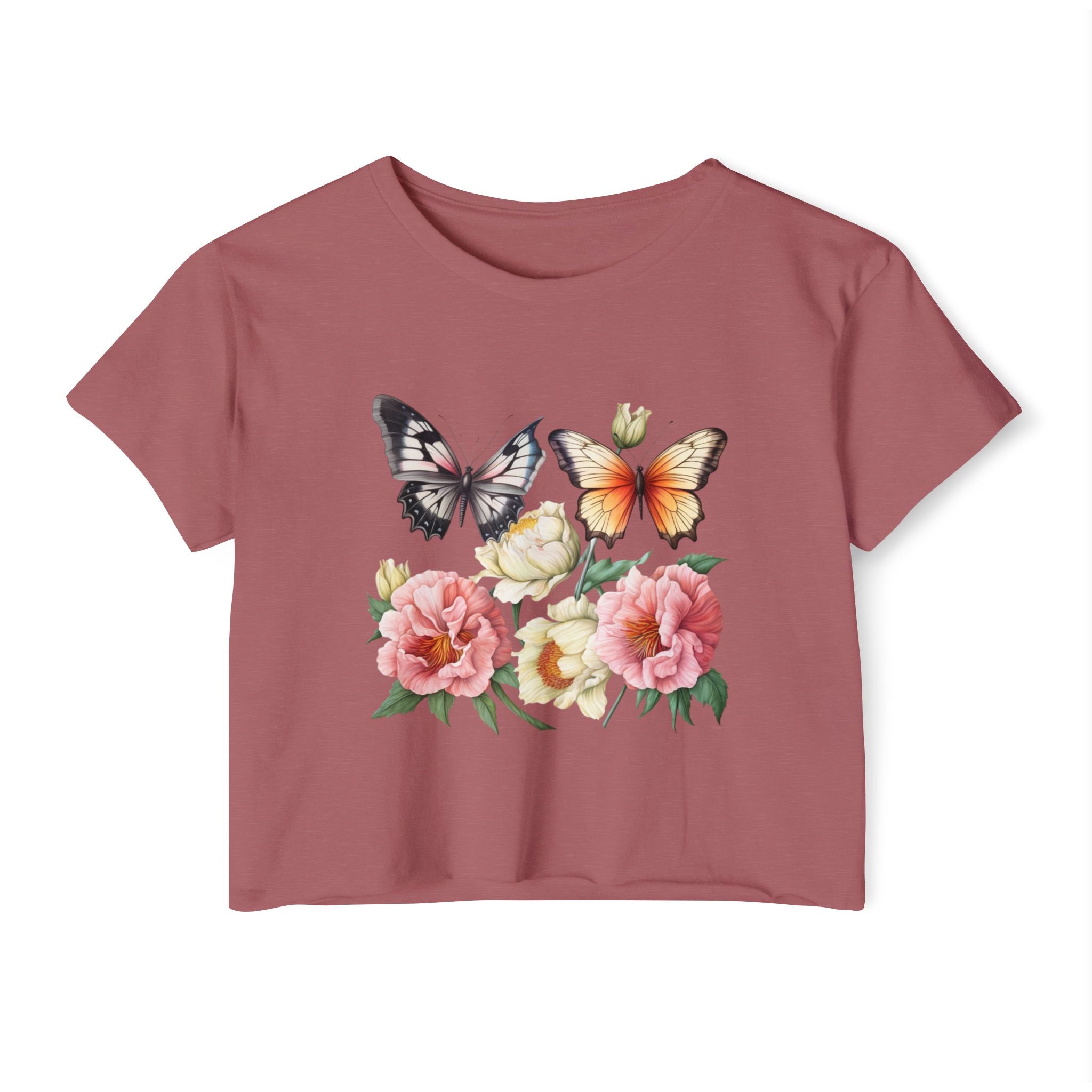 Bohemian Butterfly Crop Top, Festival Clothing, Summer Top, Women's T-Shirt, Floral Print Tee, Casual Wear, Gift for Her