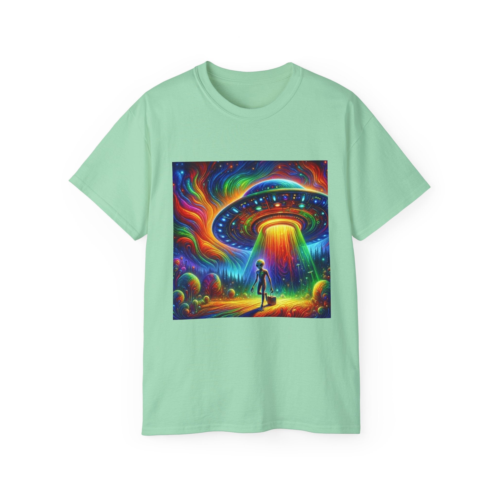 Cosmic Adventure Tee - Unisex Ultra Cotton T-Shirt, UFO Graphic Tee, Colorful Sci-Fi Shirt, Perfect for Festivals, Gift for Space Lovers