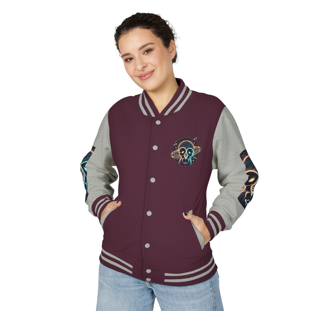 Cosmic Alien Letterman Jacket | Vintage Style Outerwear, Trendy Unisex Jacket, Space Theme Apparel, Perfect for Cosplay or Gift