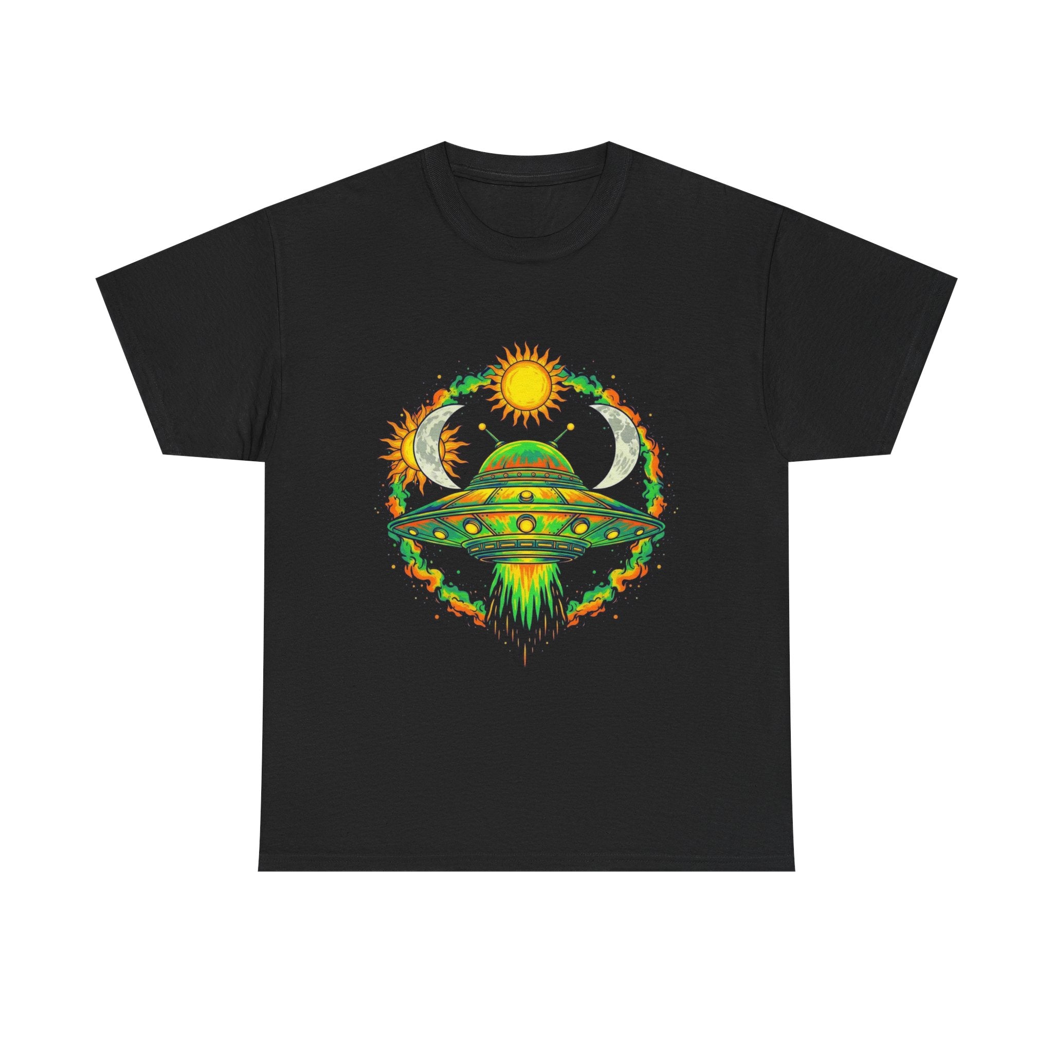 Cosmic Vibes Unisex Heavy Cotton Tee | UFO Graphic T-Shirt, Space Lover Gift, Festival Wear, Summer Style, Unique Tee