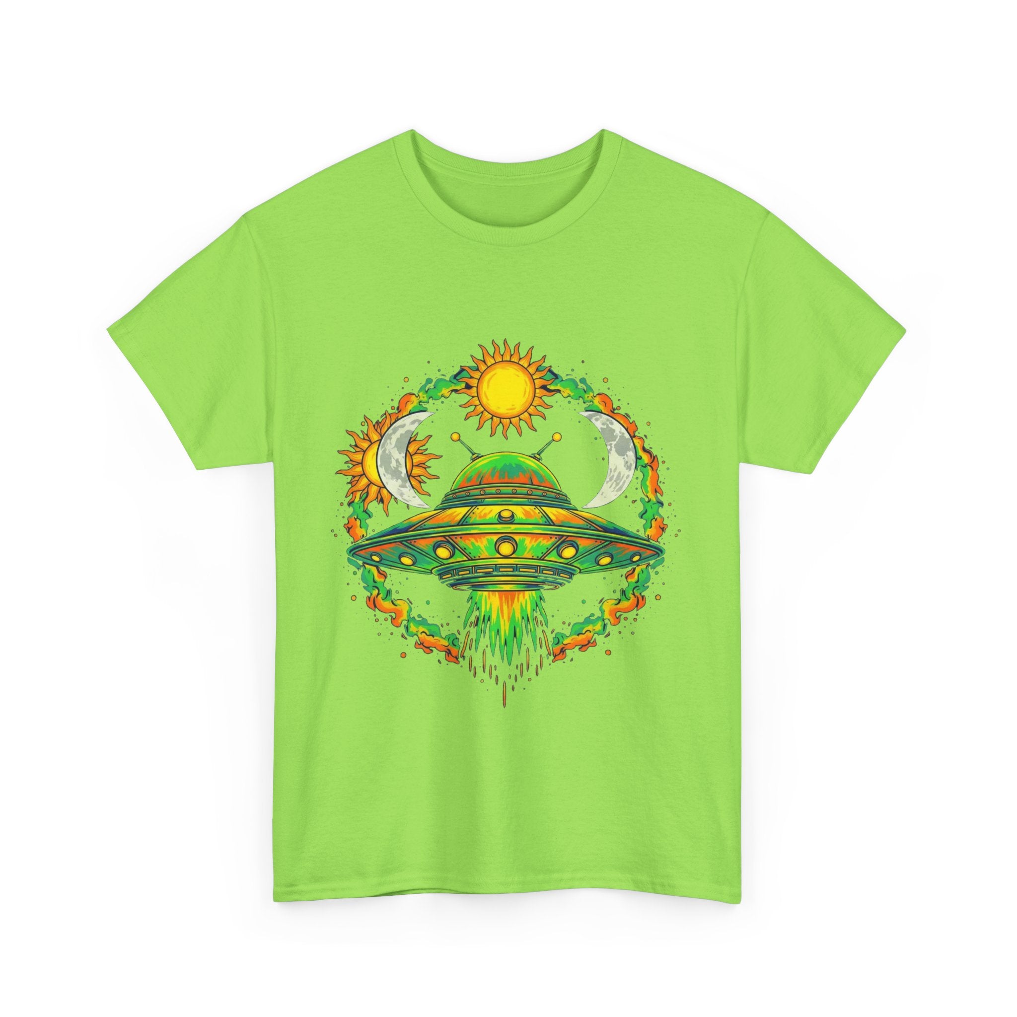 Cosmic Vibes Unisex Heavy Cotton Tee | UFO Graphic T-Shirt, Space Lover Gift, Festival Wear, Summer Style, Unique Tee