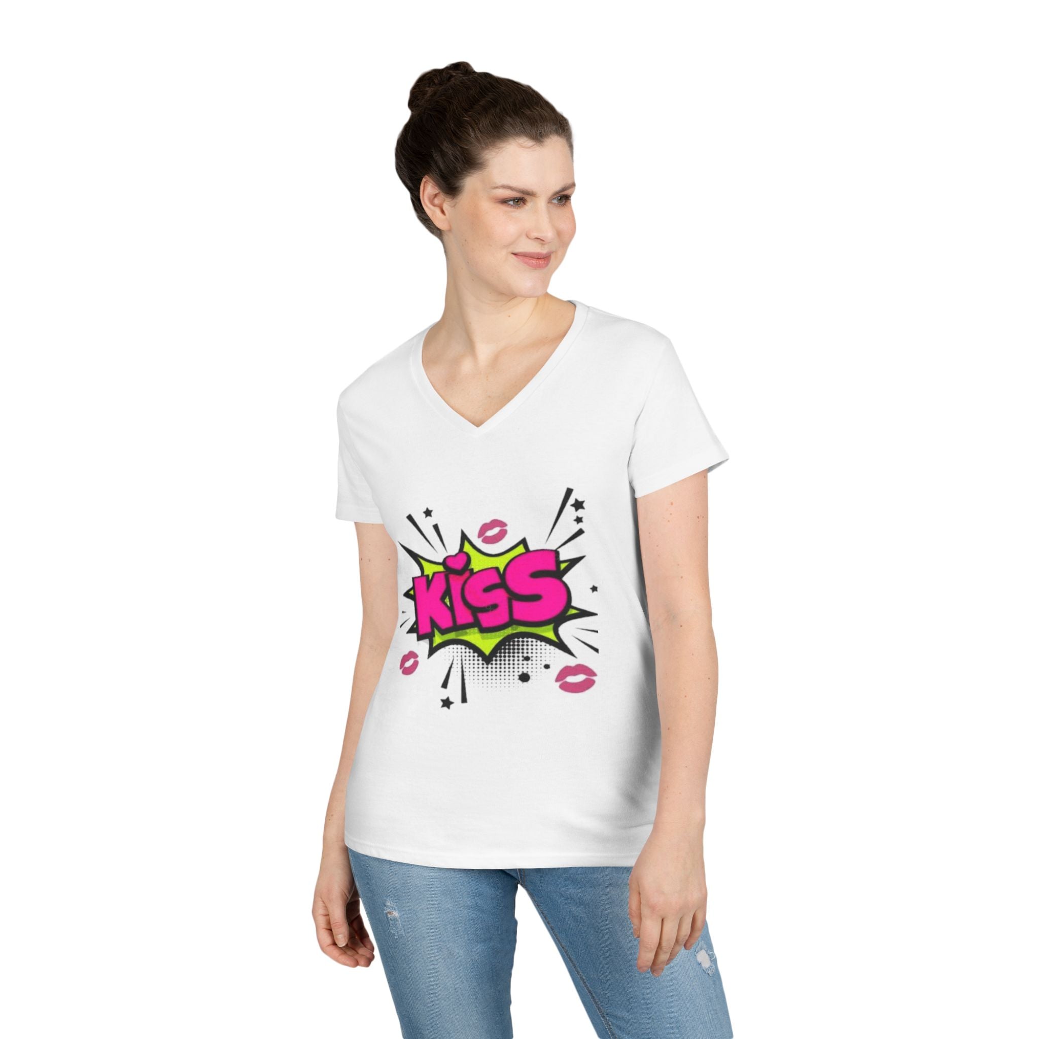 Kiss Graphic V-Neck Tee, Fun Graphic Shirt, Gift for Her, Casual Fashion, Cute Summer Top, Valentine's Day Gift