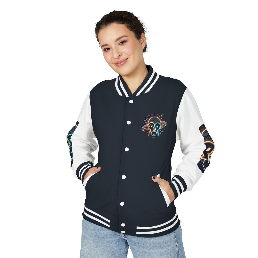 Cosmic Alien Letterman Jacket | Vintage Style Outerwear, Trendy Unisex Jacket, Space Theme Apparel, Perfect for Cosplay or Gift
