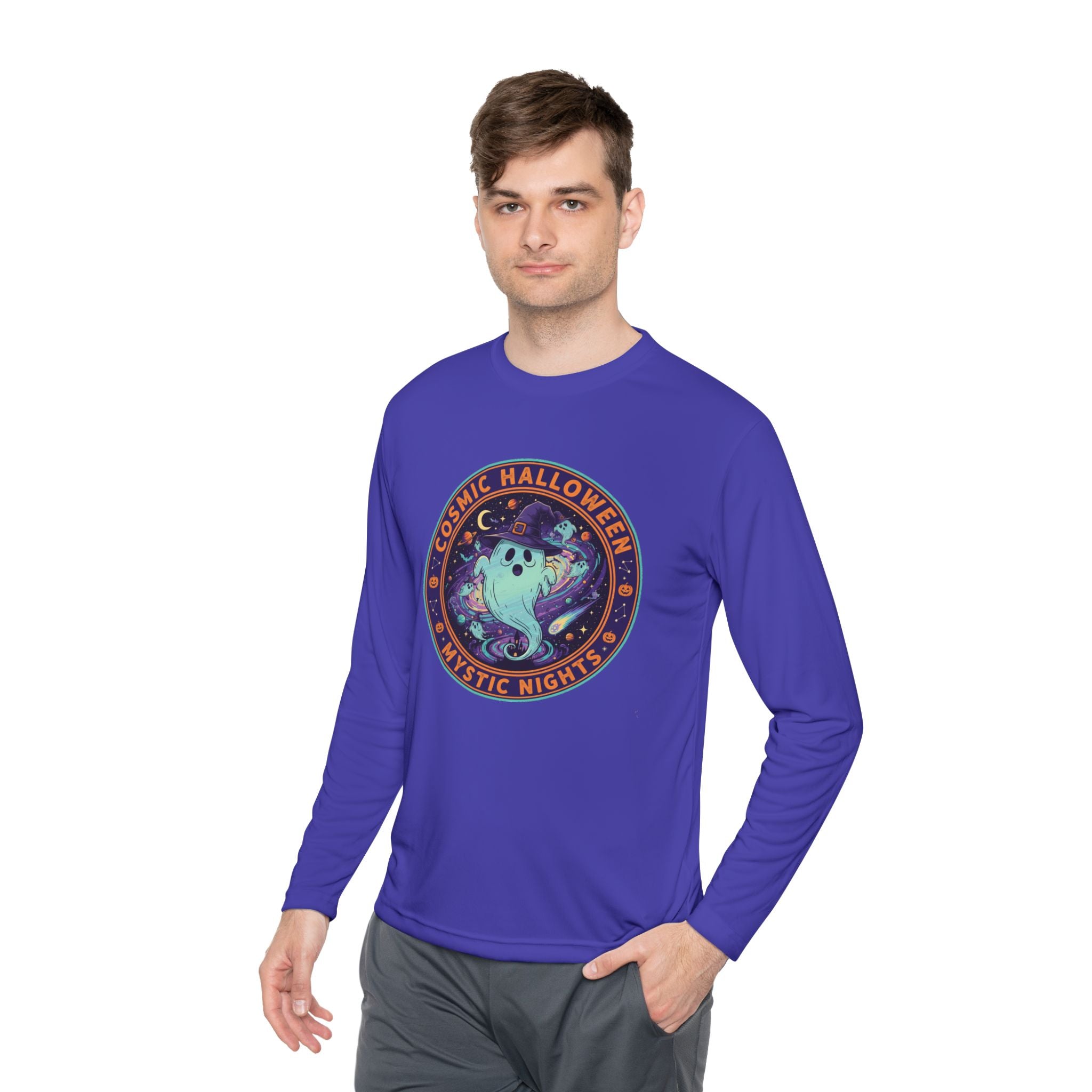 Cosmic Halloween Unisex Lightweight Long Sleeve Tee, Spooky Apparel for Fall, Ghost Graphic Tee, Mystic Nights Shirt, Halloween Fashion