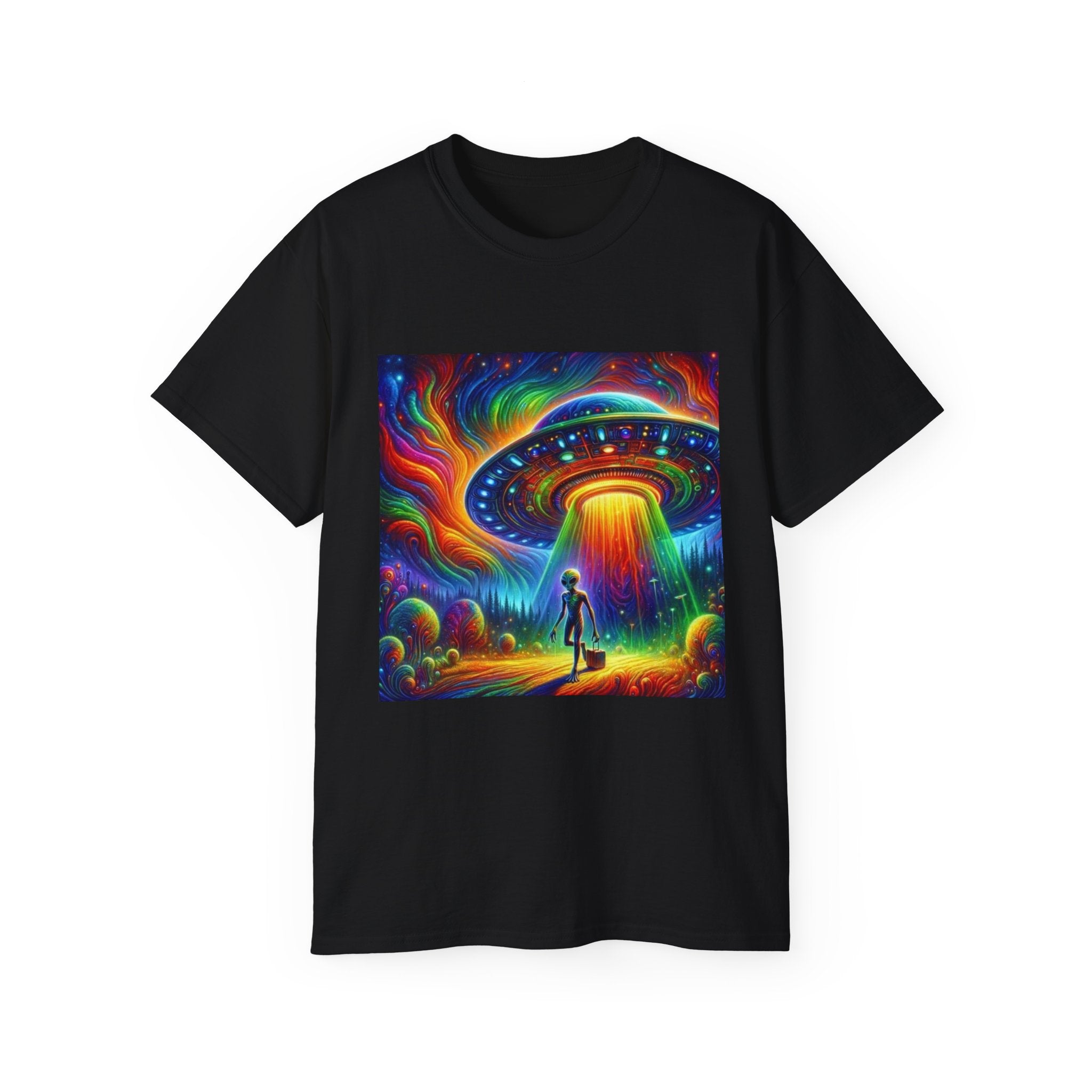 Cosmic Adventure Tee - Unisex Ultra Cotton T-Shirt, UFO Graphic Tee, Colorful Sci-Fi Shirt, Perfect for Festivals, Gift for Space Lovers