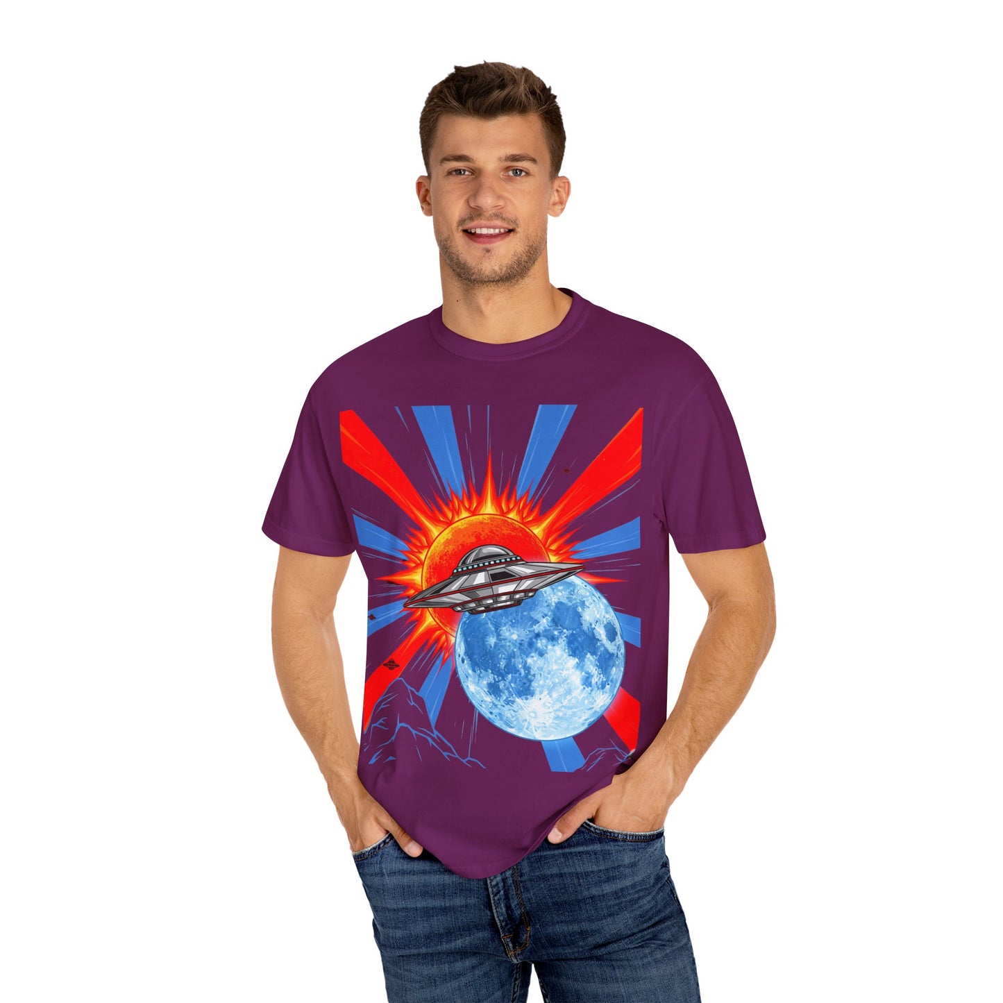 Retro Space Graphic T-shirt - Unisex Cartoon UFO Tee, Gift for Sci-fi Lovers, Casual Wear, Vintage Style, Summer Outfit