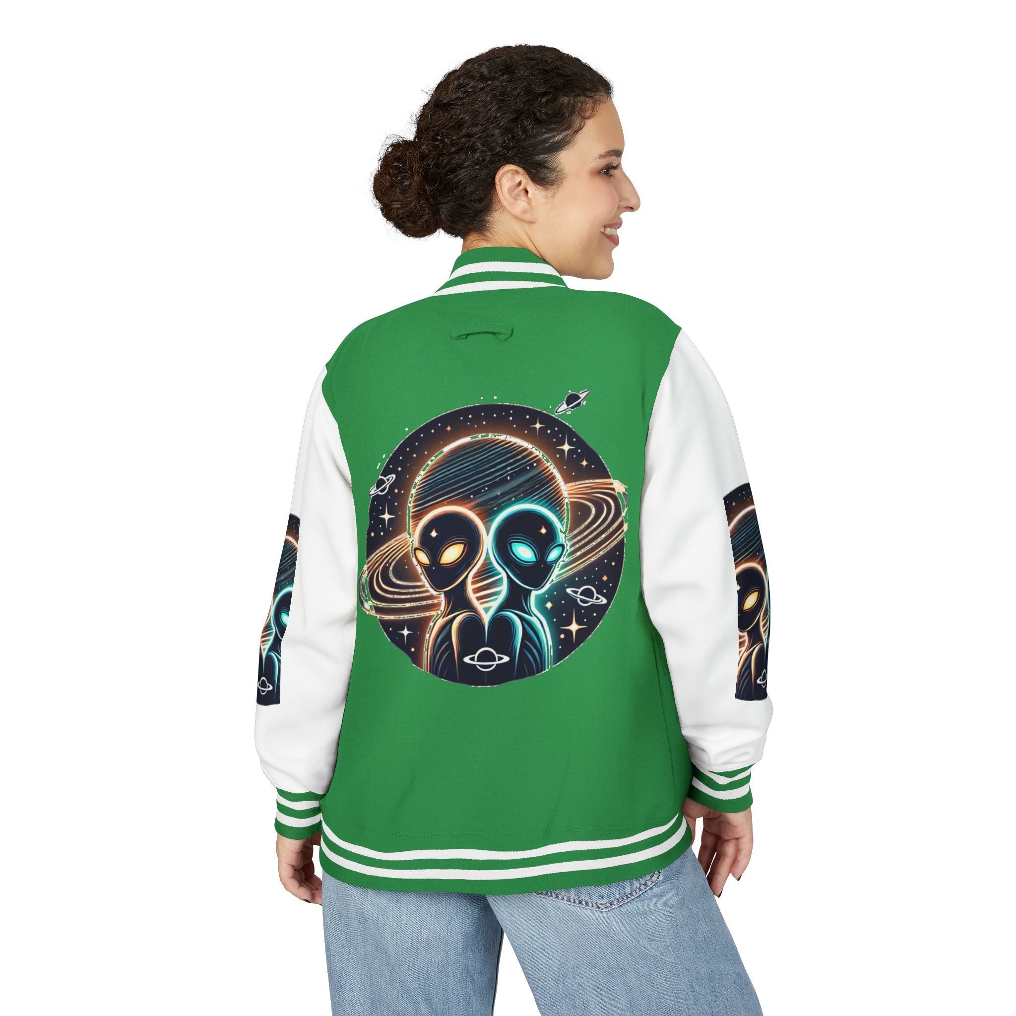 Cosmic Alien Letterman Jacket | Vintage Style Outerwear, Trendy Unisex Jacket, Space Theme Apparel, Perfect for Cosplay or Gift