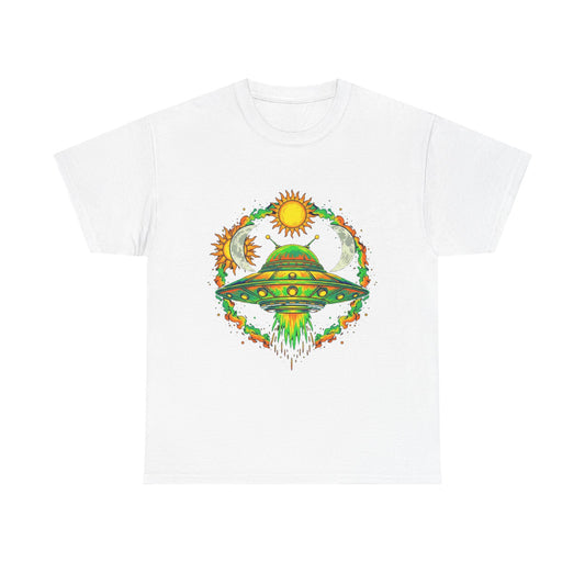Cosmic Vibes Unisex Heavy Cotton Tee | UFO Graphic T-Shirt, Space Lover Gift, Festival Wear, Summer Style, Unique Tee