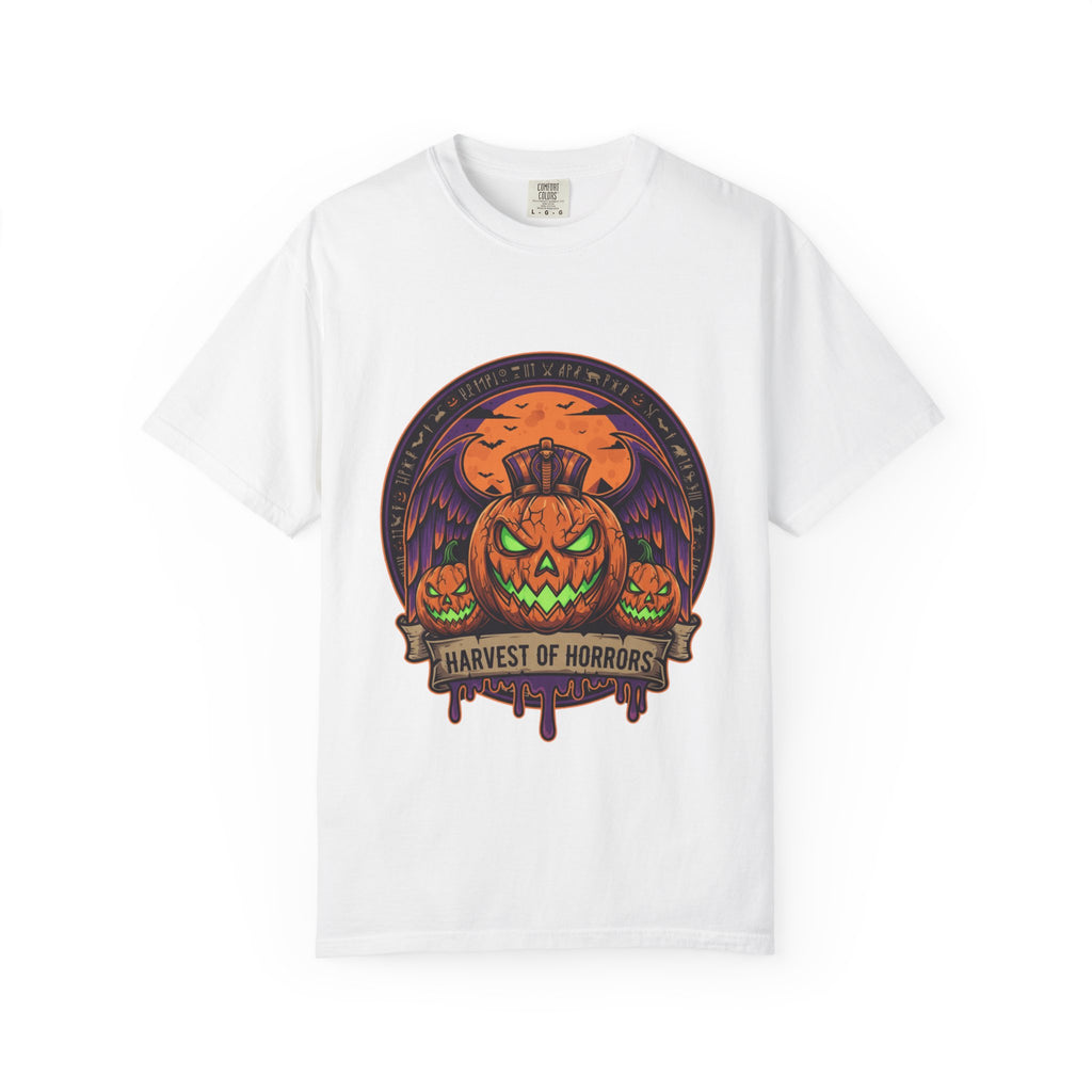 Harvest of Horrors Unisex T-shirt | Halloween Apparel, Spooky Graphic Tee, Fall Fashion, Pumpkin Shirt, October Outfit