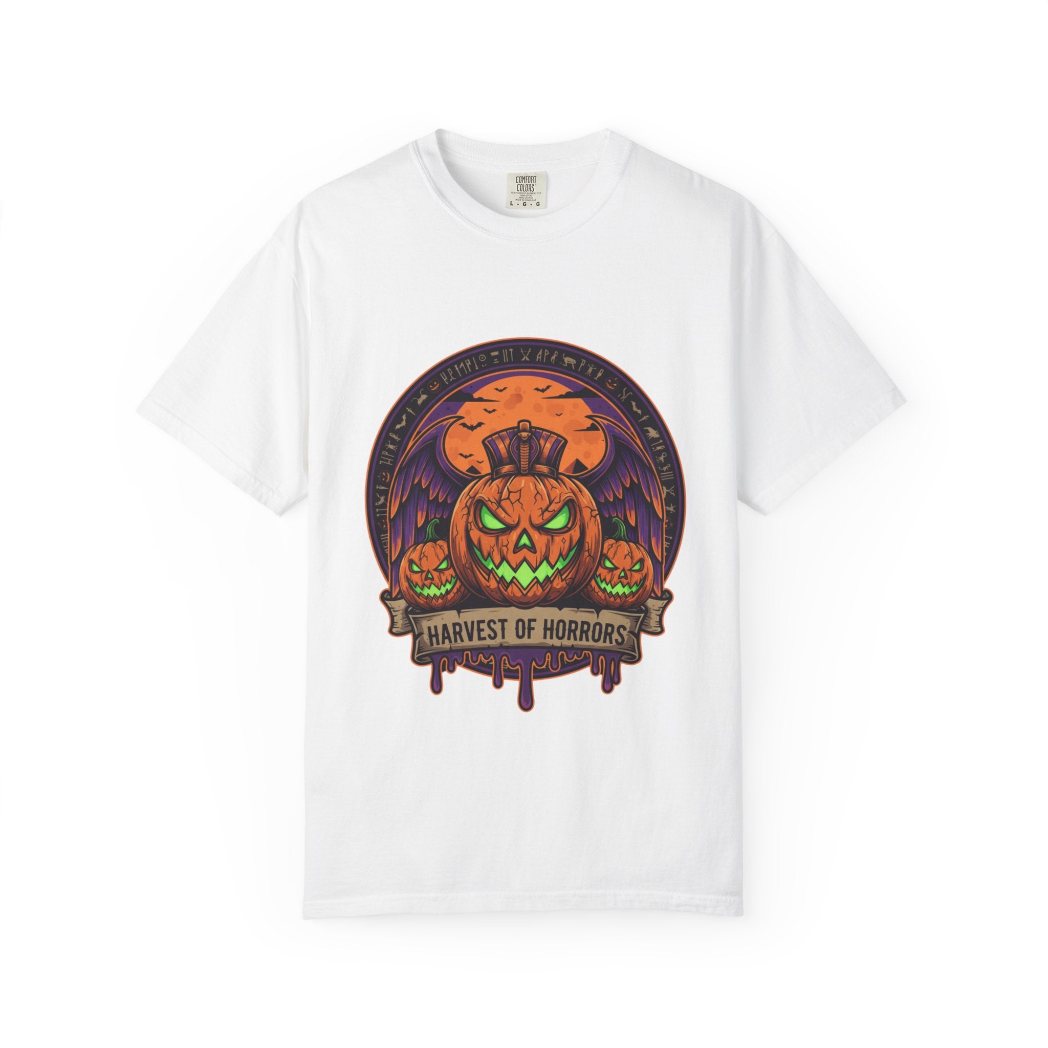 Harvest of Horrors Unisex T-shirt | Halloween Apparel, Spooky Graphic Tee, Fall Fashion, Pumpkin Shirt, October Outfit