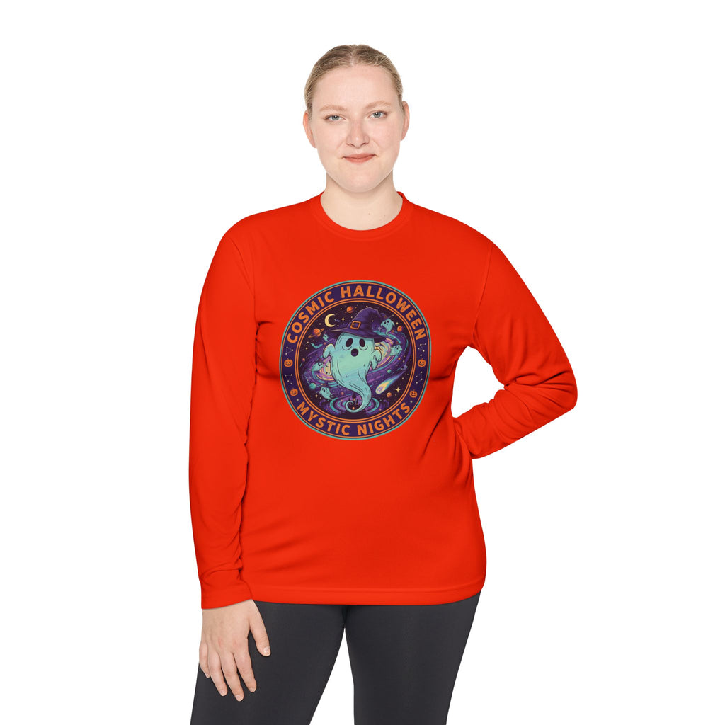 Cosmic Halloween Unisex Lightweight Long Sleeve Tee, Spooky Apparel for Fall, Ghost Graphic Tee, Mystic Nights Shirt, Halloween Fashion