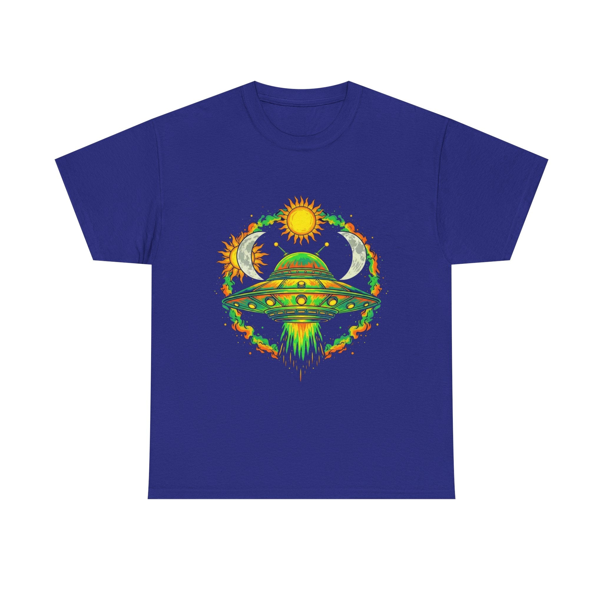 Cosmic Vibes Unisex Heavy Cotton Tee | UFO Graphic T-Shirt, Space Lover Gift, Festival Wear, Summer Style, Unique Tee
