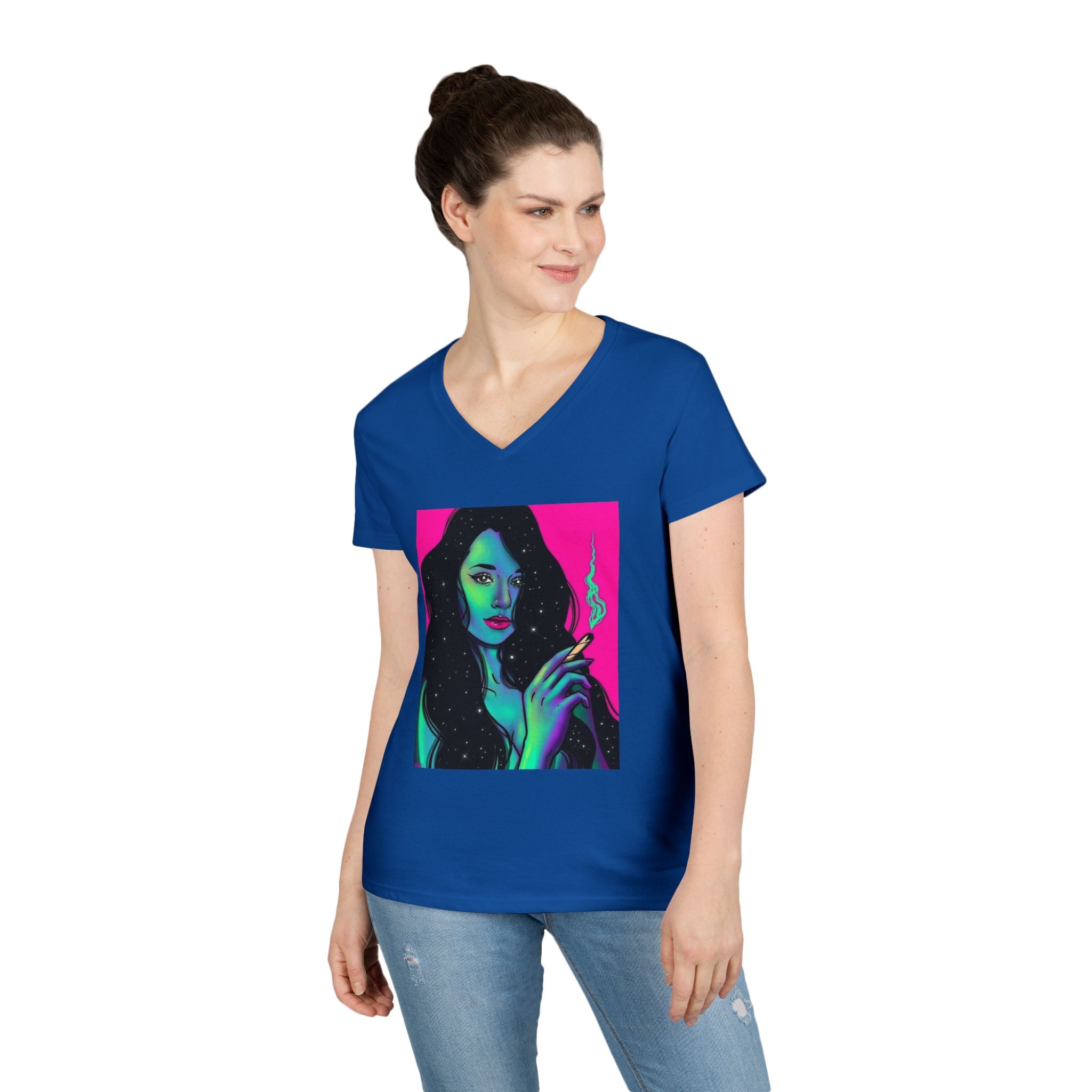 Cosmic Vibe Ladies' V-Neck T-Shirt with Mystical Artwork
