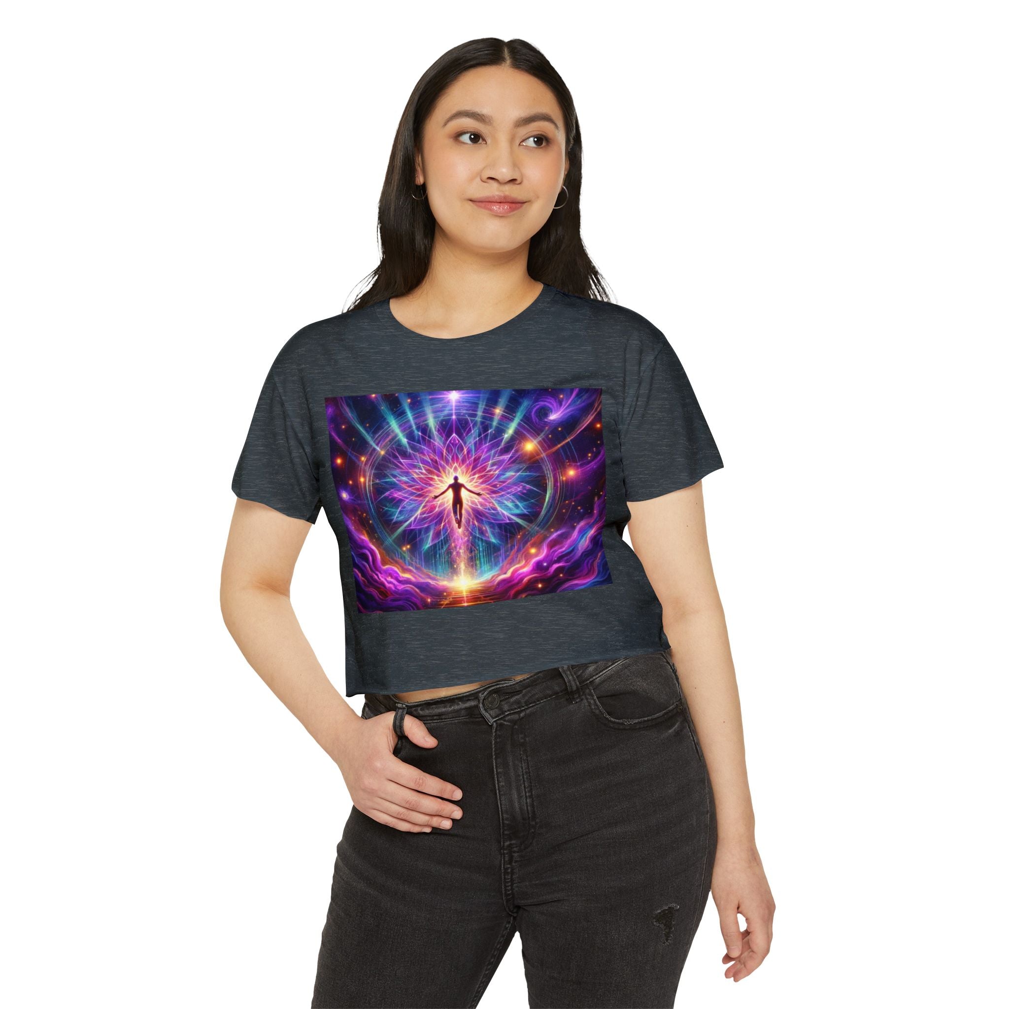 Colorful Cosmic Women's Festival Crop Top, Boho Summer Shirt, Music Festival Wear, Psychedelic Tee, Yoga Top, Gift for Her