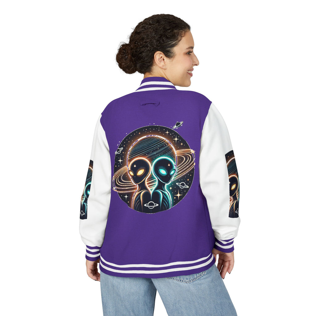 Cosmic Alien Letterman Jacket | Vintage Style Outerwear, Trendy Unisex Jacket, Space Theme Apparel, Perfect for Cosplay or Gift