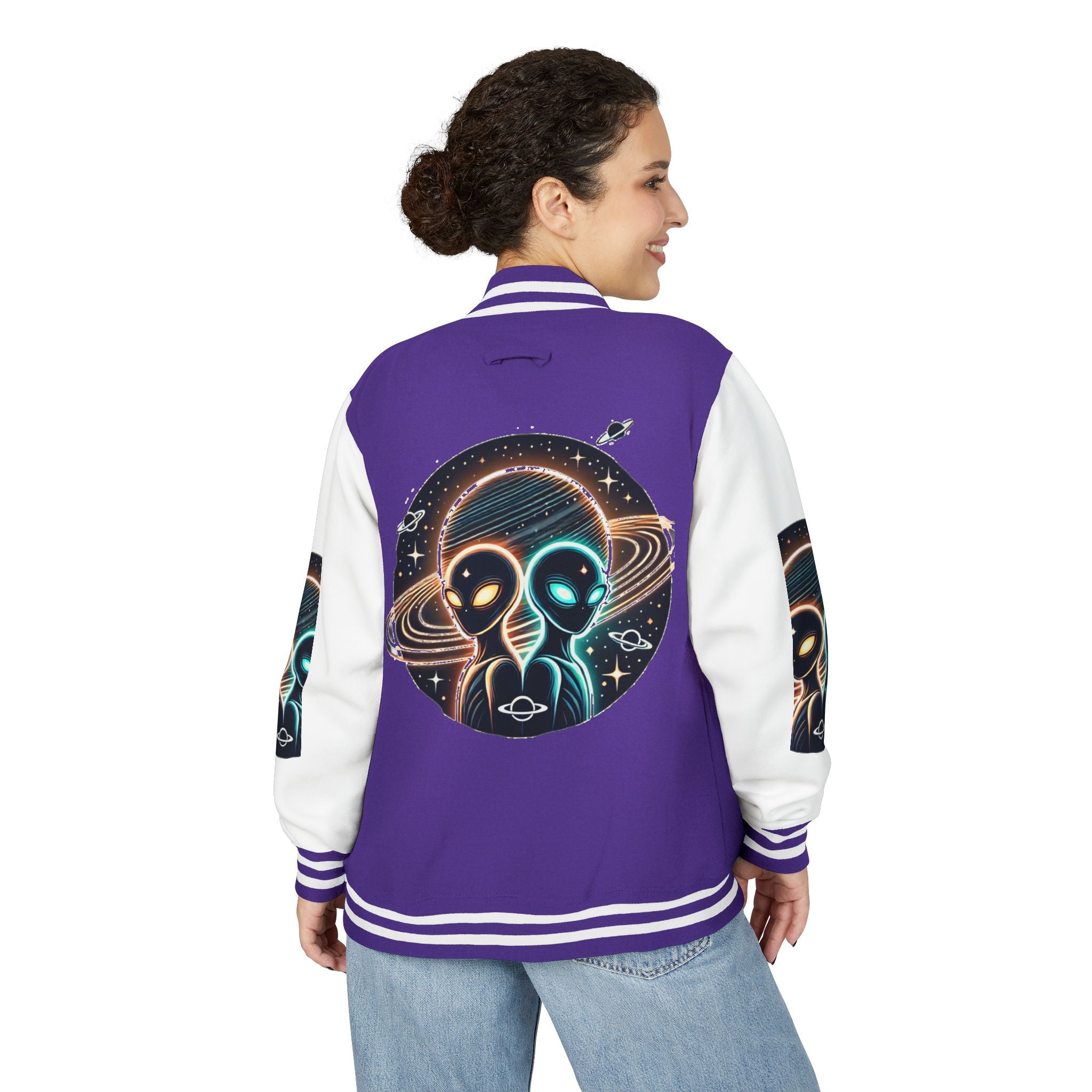 Cosmic Alien Letterman Jacket | Vintage Style Outerwear, Trendy Unisex Jacket, Space Theme Apparel, Perfect for Cosplay or Gift