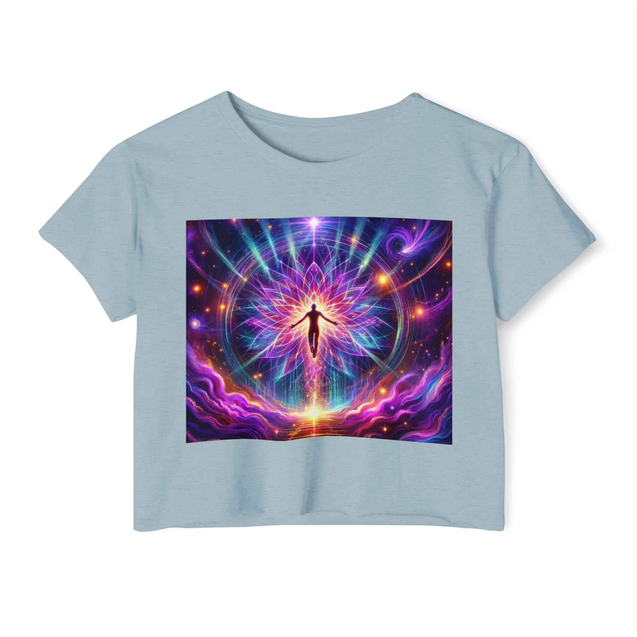 Colorful Cosmic Women's Festival Crop Top, Boho Summer Shirt, Music Festival Wear, Psychedelic Tee, Yoga Top, Gift for Her