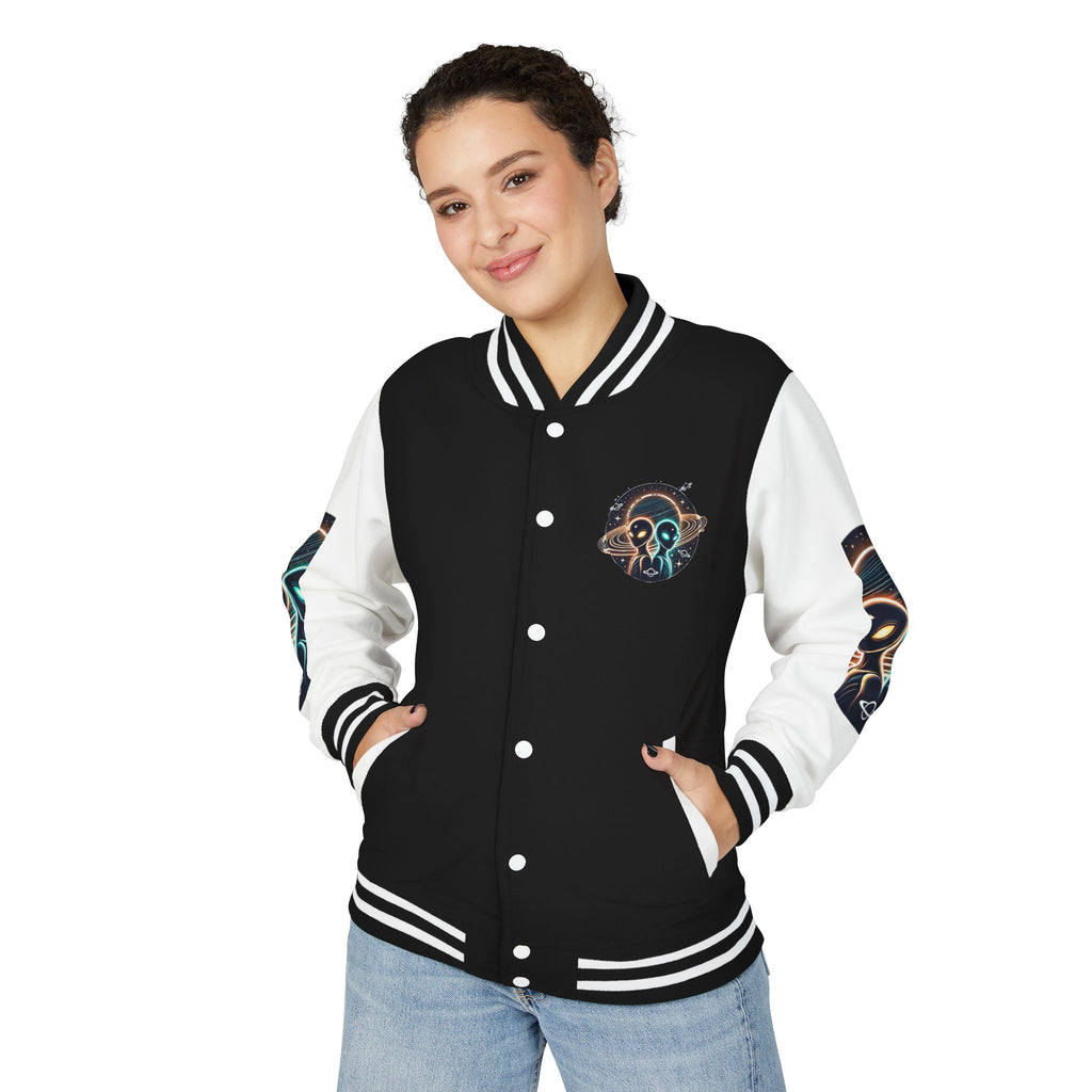 Cosmic Alien Letterman Jacket | Vintage Style Outerwear, Trendy Unisex Jacket, Space Theme Apparel, Perfect for Cosplay or Gift