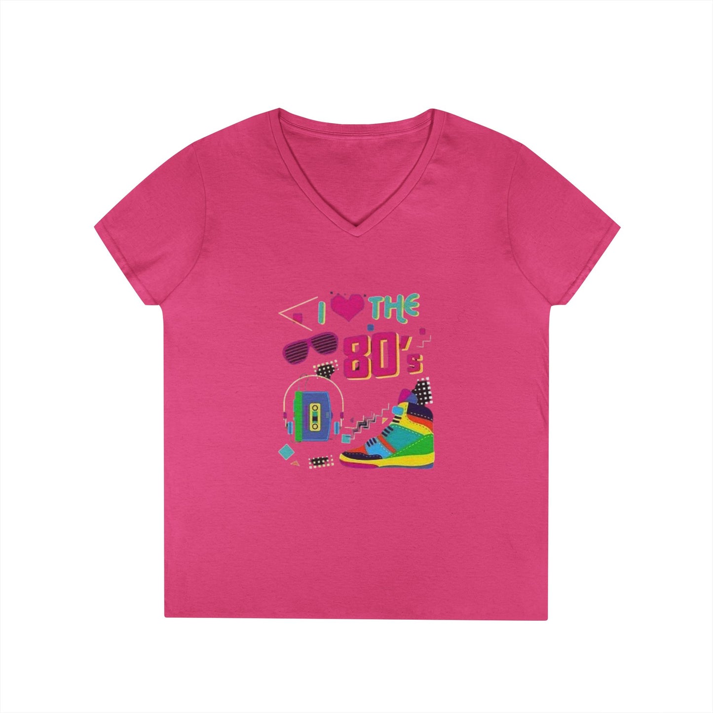 I Love The 80's Ladies' V-Neck T-Shirt, RetroStyle Tee, Vintage 80s Shirt, Perfect for Parties, Gifts for Her, Nostalgic Fashion
