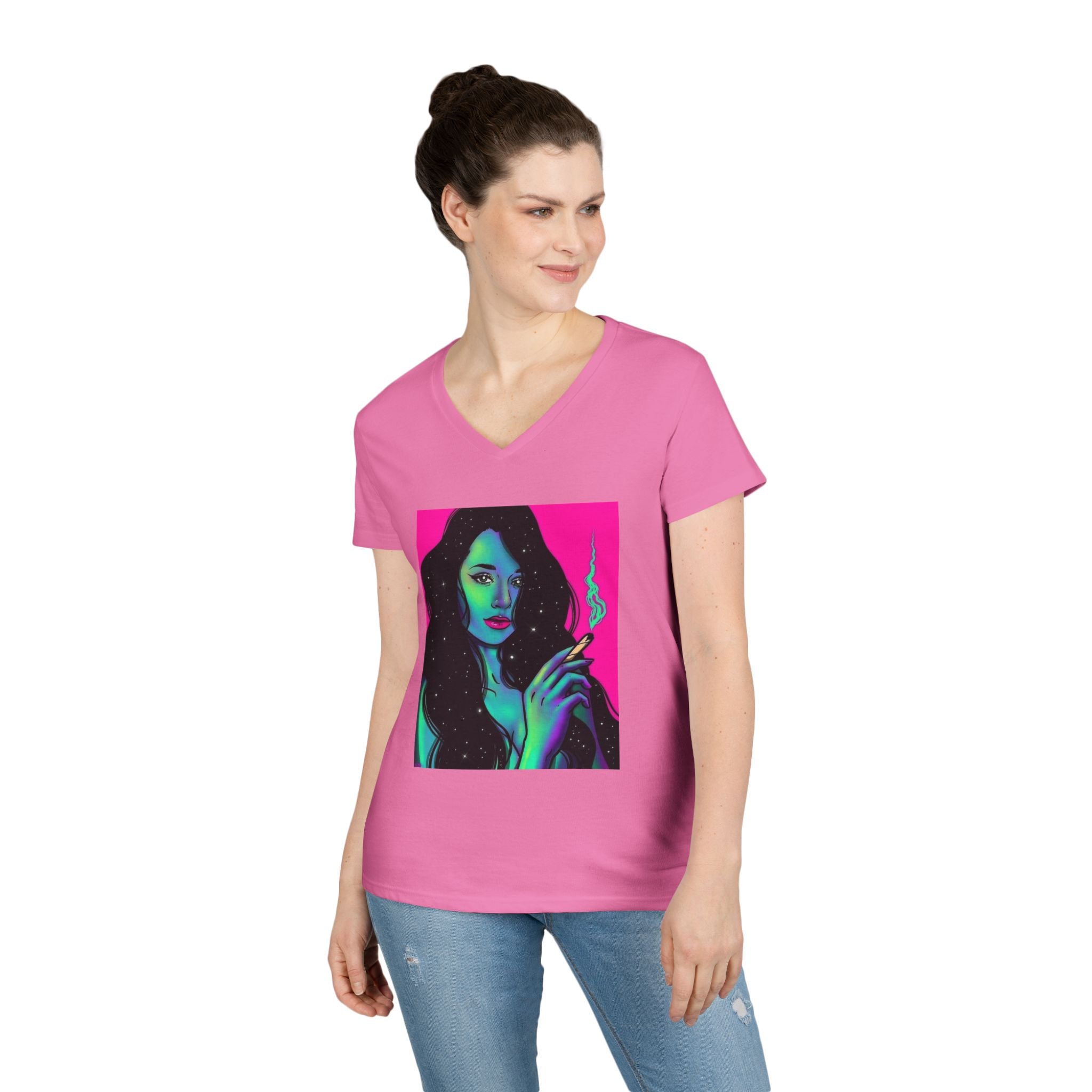 Cosmic Vibe Ladies' V-Neck T-Shirt with Mystical Artwork
