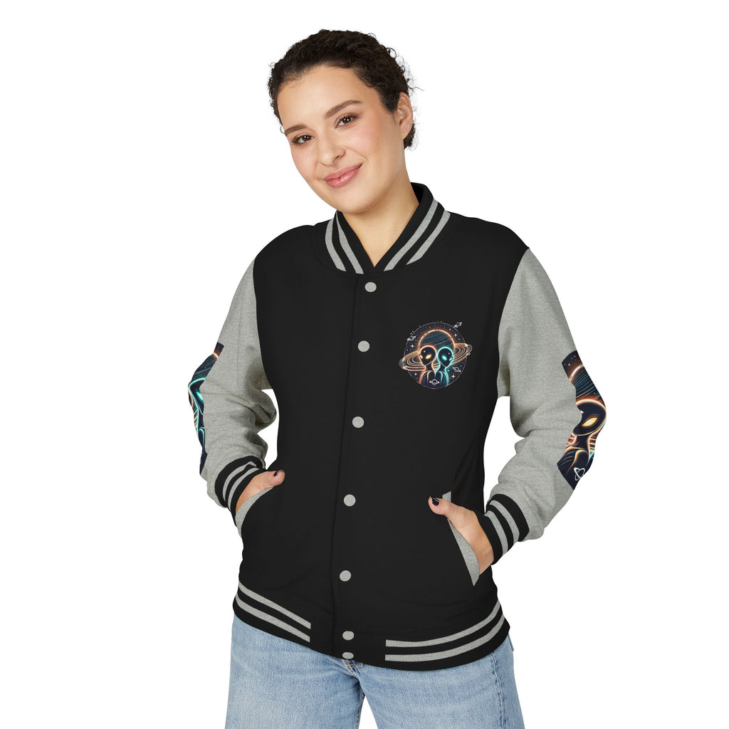 Cosmic Alien Letterman Jacket | Vintage Style Outerwear, Trendy Unisex Jacket, Space Theme Apparel, Perfect for Cosplay or Gift