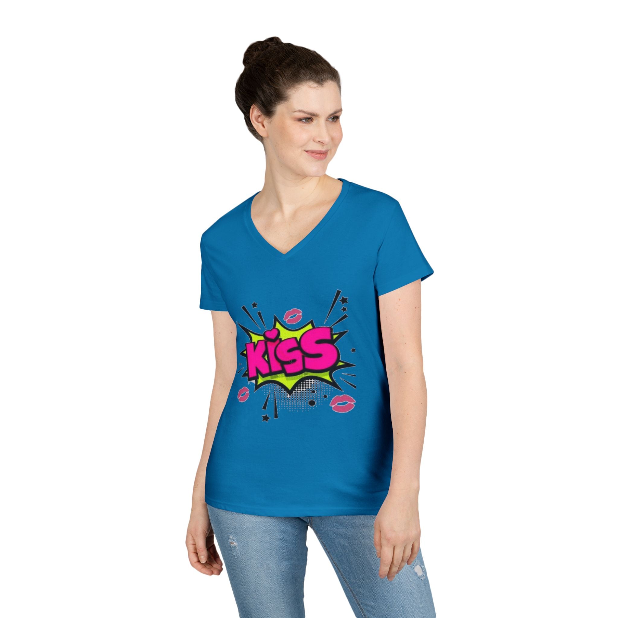 Kiss Graphic V-Neck Tee, Fun Graphic Shirt, Gift for Her, Casual Fashion, Cute Summer Top, Valentine's Day Gift