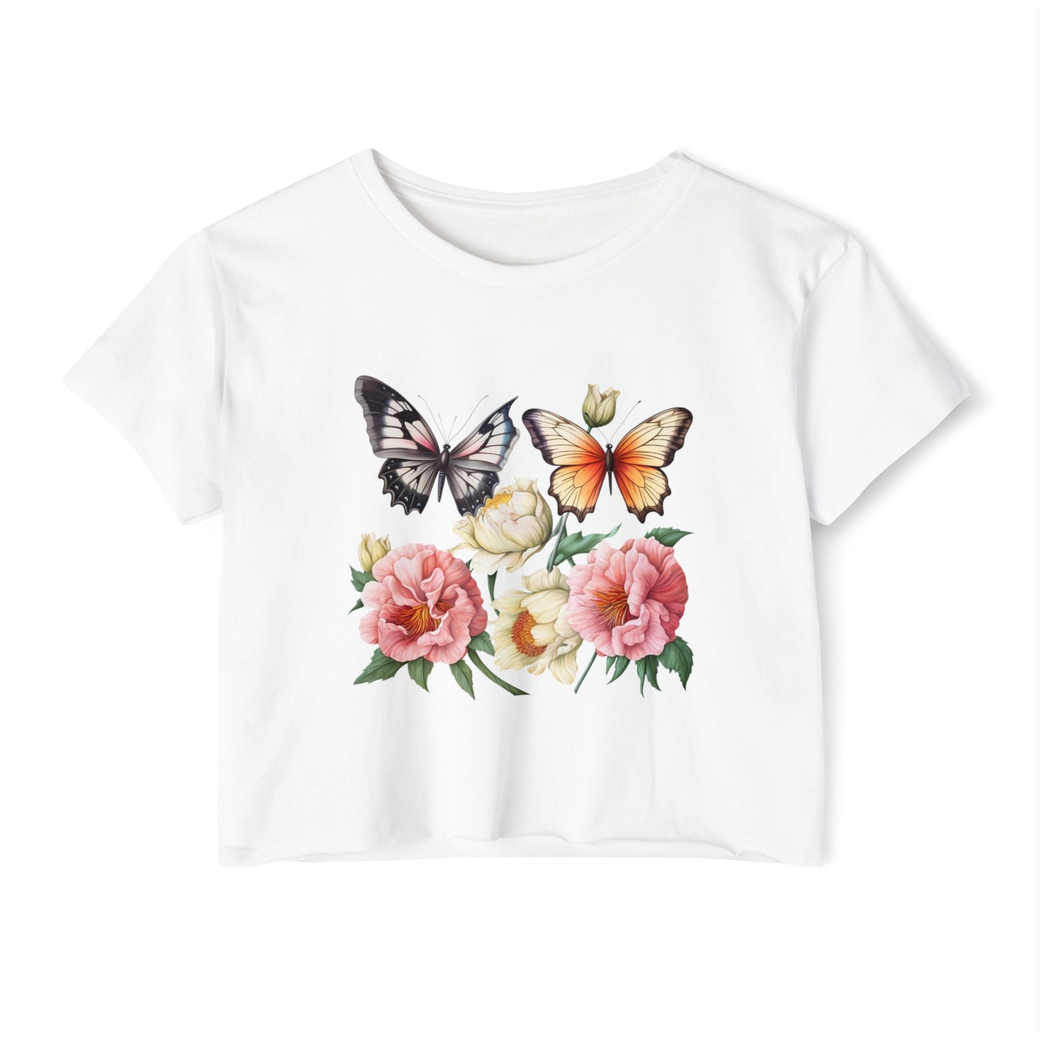 Bohemian Butterfly Crop Top, Festival Clothing, Summer Top, Women's T-Shirt, Floral Print Tee, Casual Wear, Gift for Her
