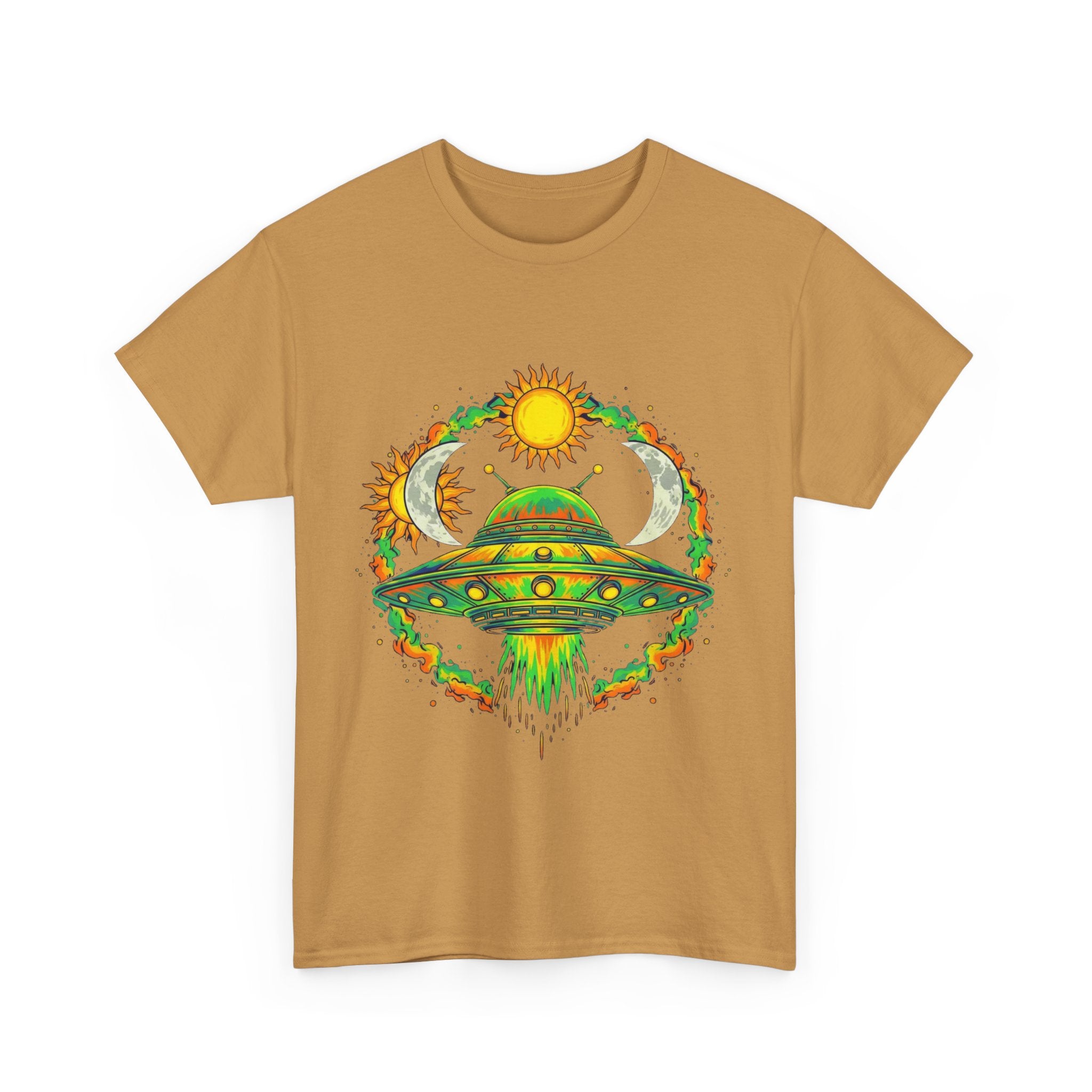 Cosmic Vibes Unisex Heavy Cotton Tee | UFO Graphic T-Shirt, Space Lover Gift, Festival Wear, Summer Style, Unique Tee