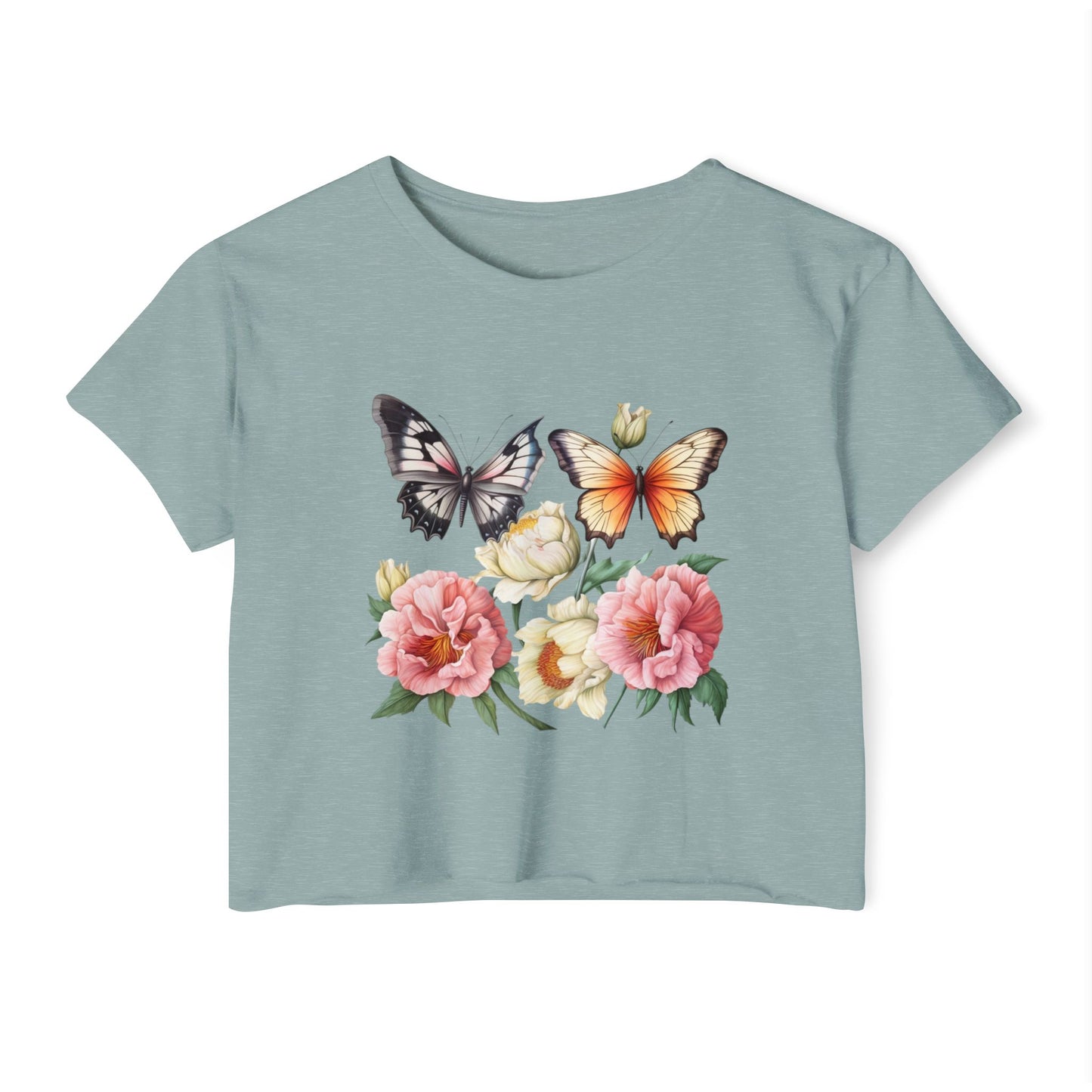 Bohemian Butterfly Crop Top, Festival Clothing, Summer Top, Women's T-Shirt, Floral Print Tee, Casual Wear, Gift for Her