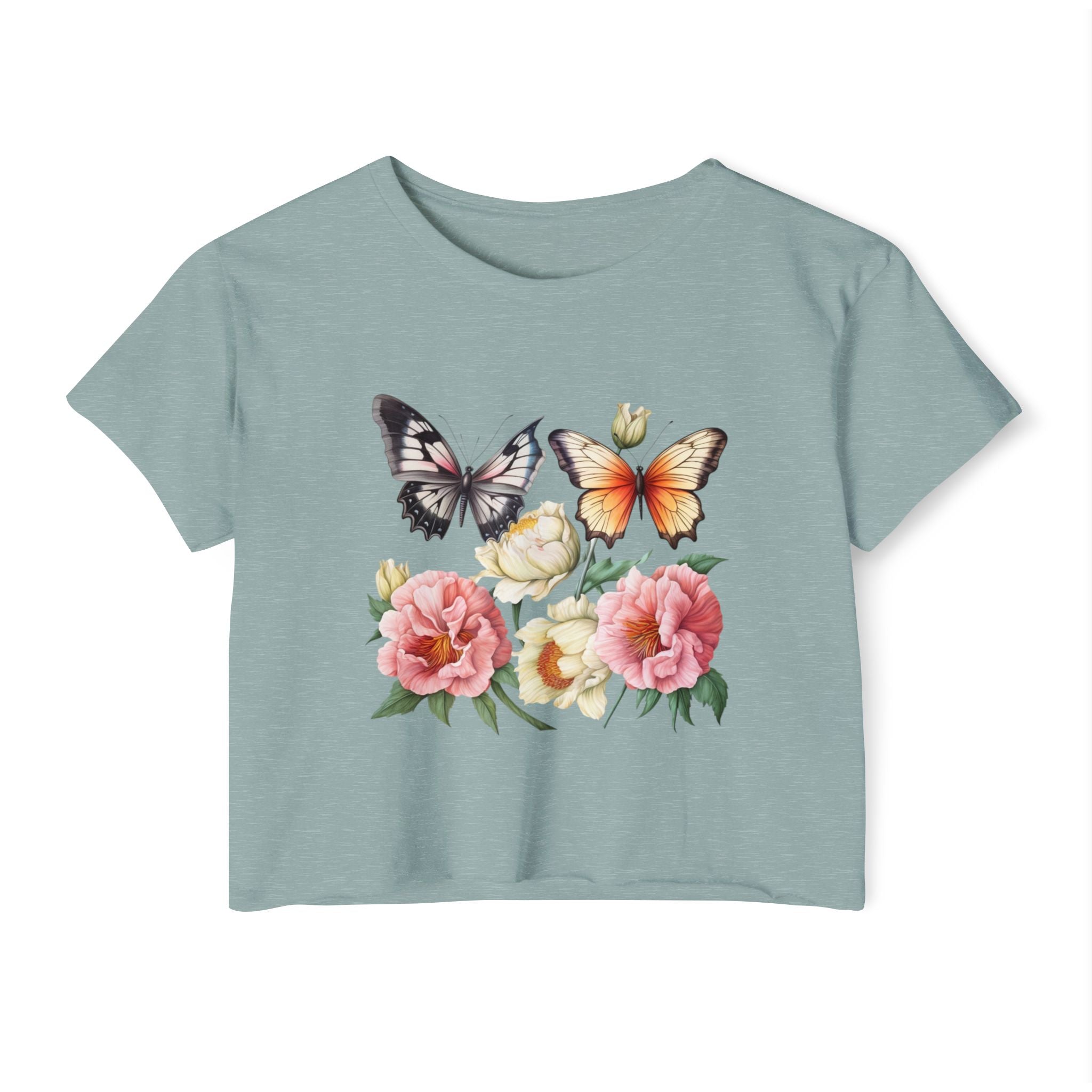 Bohemian Butterfly Crop Top, Festival Clothing, Summer Top, Women's T-Shirt, Floral Print Tee, Casual Wear, Gift for Her
