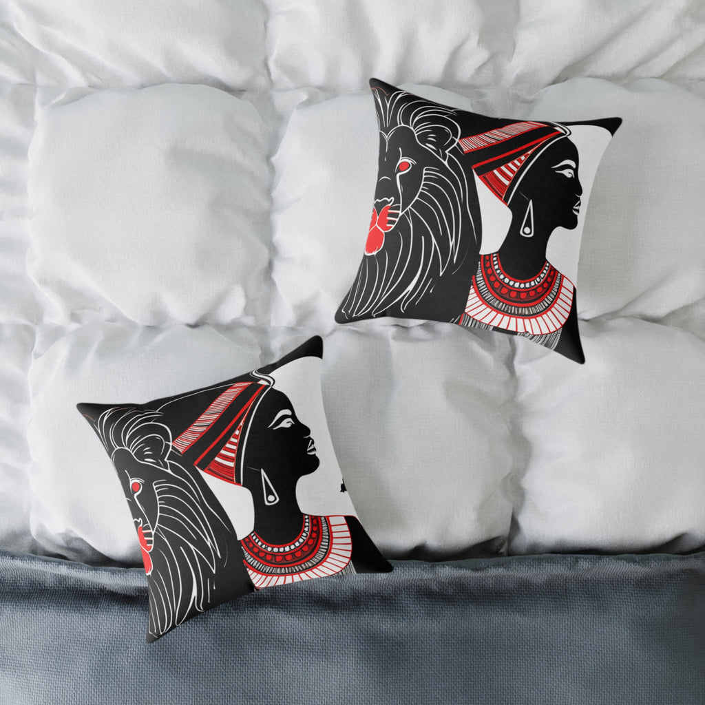 African Pride Square Pillow, Boho Decor, Lion and Woman Design, Ethnic Home Accent, Gift for Her, Cultural Cushion
