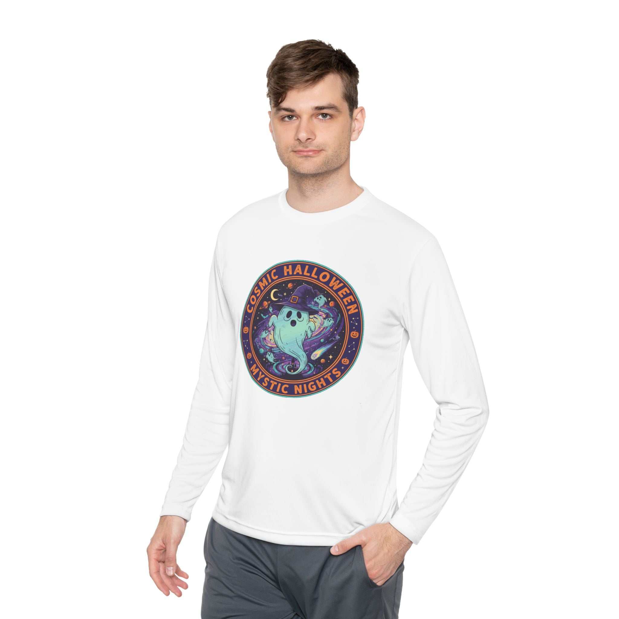 Cosmic Halloween Unisex Lightweight Long Sleeve Tee, Spooky Apparel for Fall, Ghost Graphic Tee, Mystic Nights Shirt, Halloween Fashion