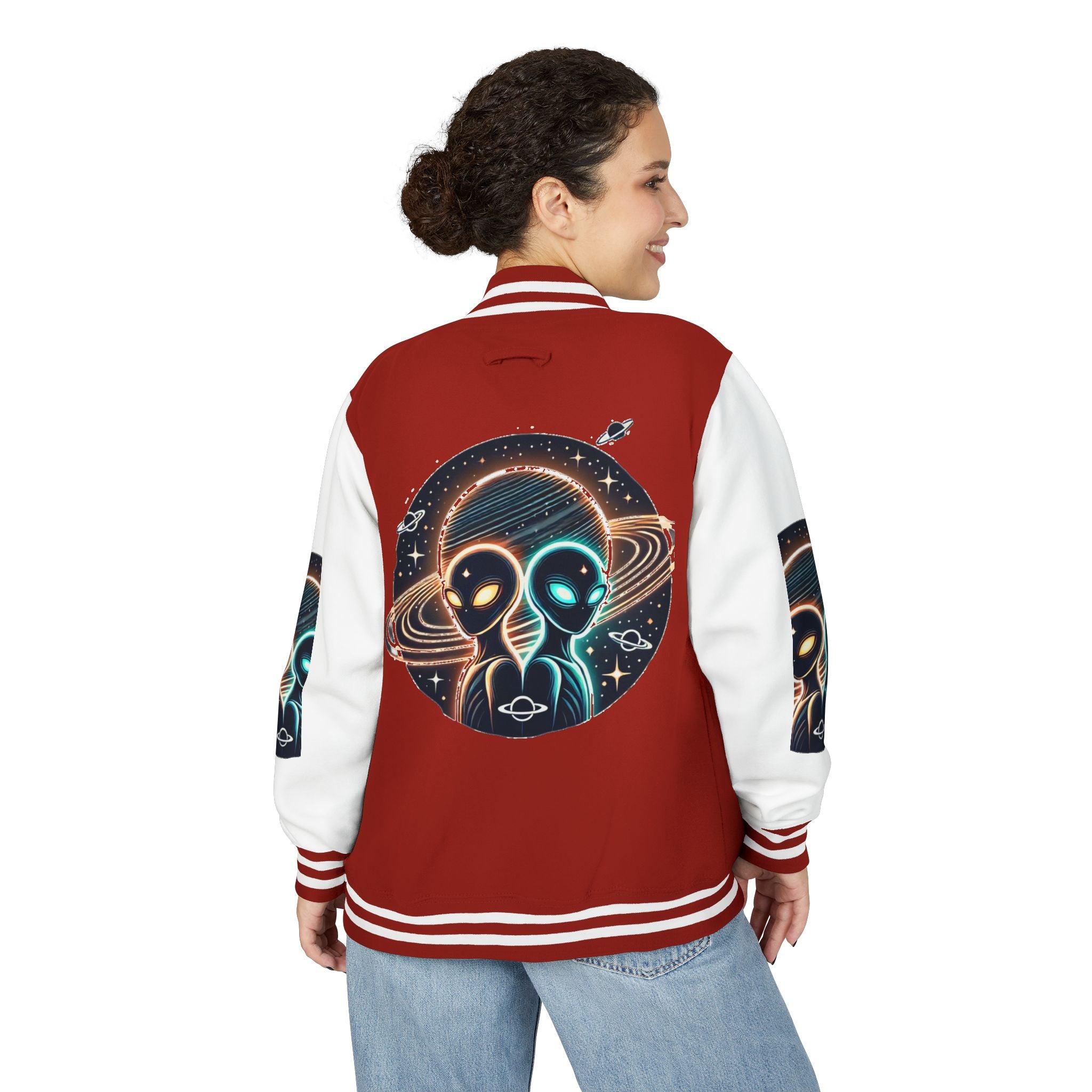 Cosmic Alien Letterman Jacket | Vintage Style Outerwear, Trendy Unisex Jacket, Space Theme Apparel, Perfect for Cosplay or Gift