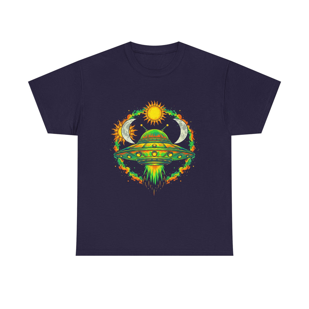 Cosmic Vibes Unisex Heavy Cotton Tee | UFO Graphic T-Shirt, Space Lover Gift, Festival Wear, Summer Style, Unique Tee