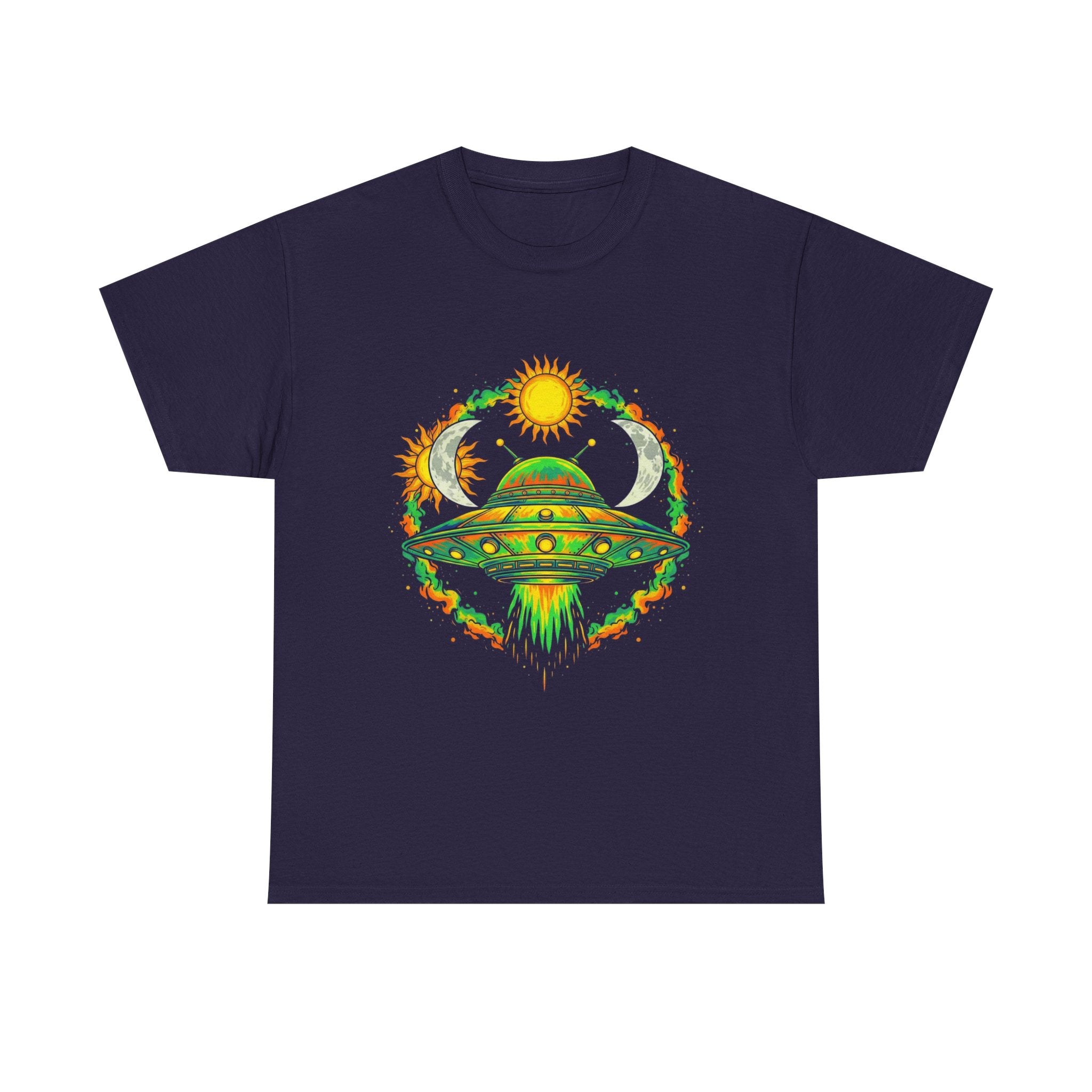 Cosmic Vibes Unisex Heavy Cotton Tee | UFO Graphic T-Shirt, Space Lover Gift, Festival Wear, Summer Style, Unique Tee