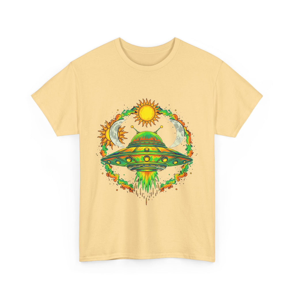 Cosmic Vibes Unisex Heavy Cotton Tee | UFO Graphic T-Shirt, Space Lover Gift, Festival Wear, Summer Style, Unique Tee
