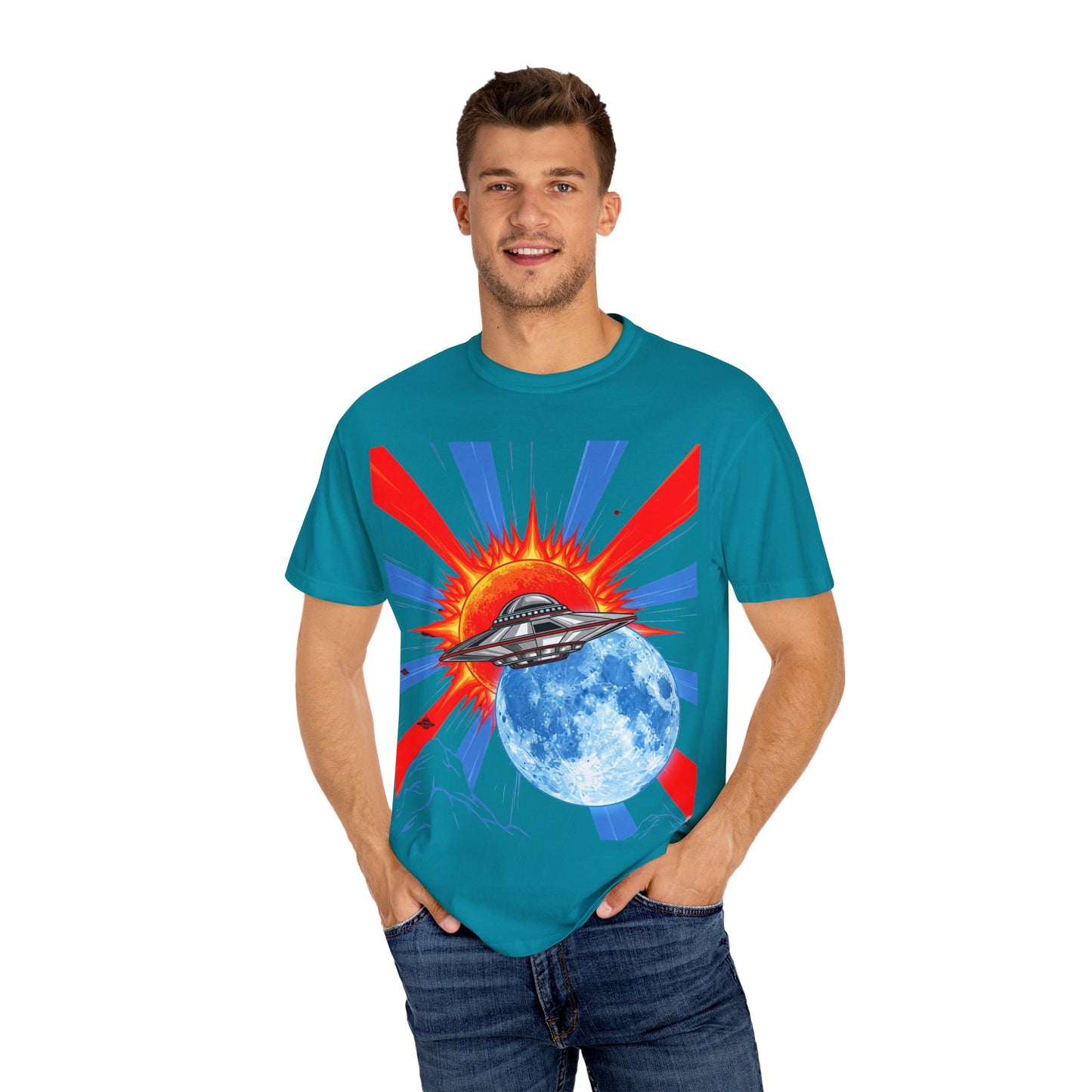 Retro Space Graphic T-shirt - Unisex Cartoon UFO Tee, Gift for Sci-fi Lovers, Casual Wear, Vintage Style, Summer Outfit