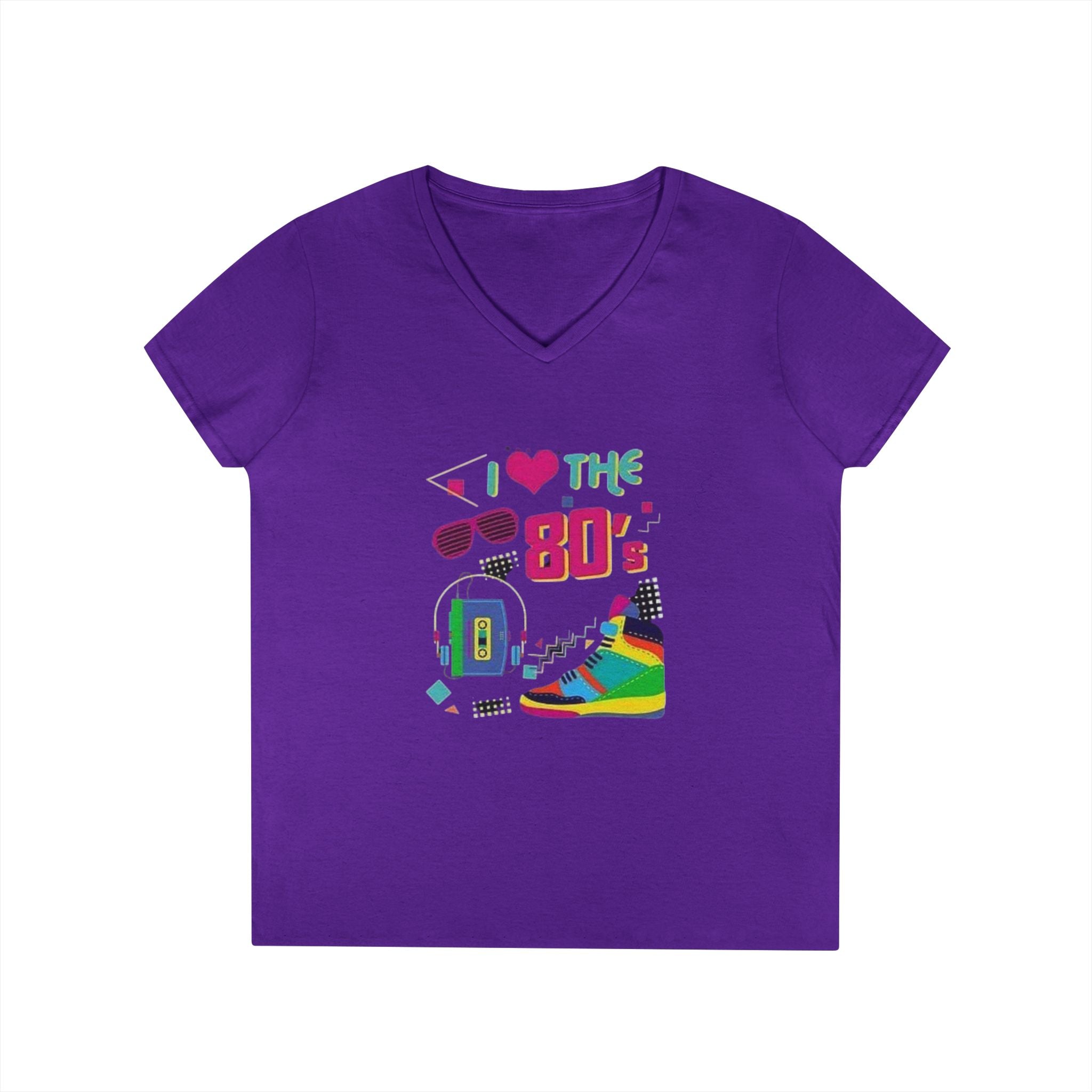I Love The 80's Ladies' V-Neck T-Shirt, RetroStyle Tee, Vintage 80s Shirt, Perfect for Parties, Gifts for Her, Nostalgic Fashion