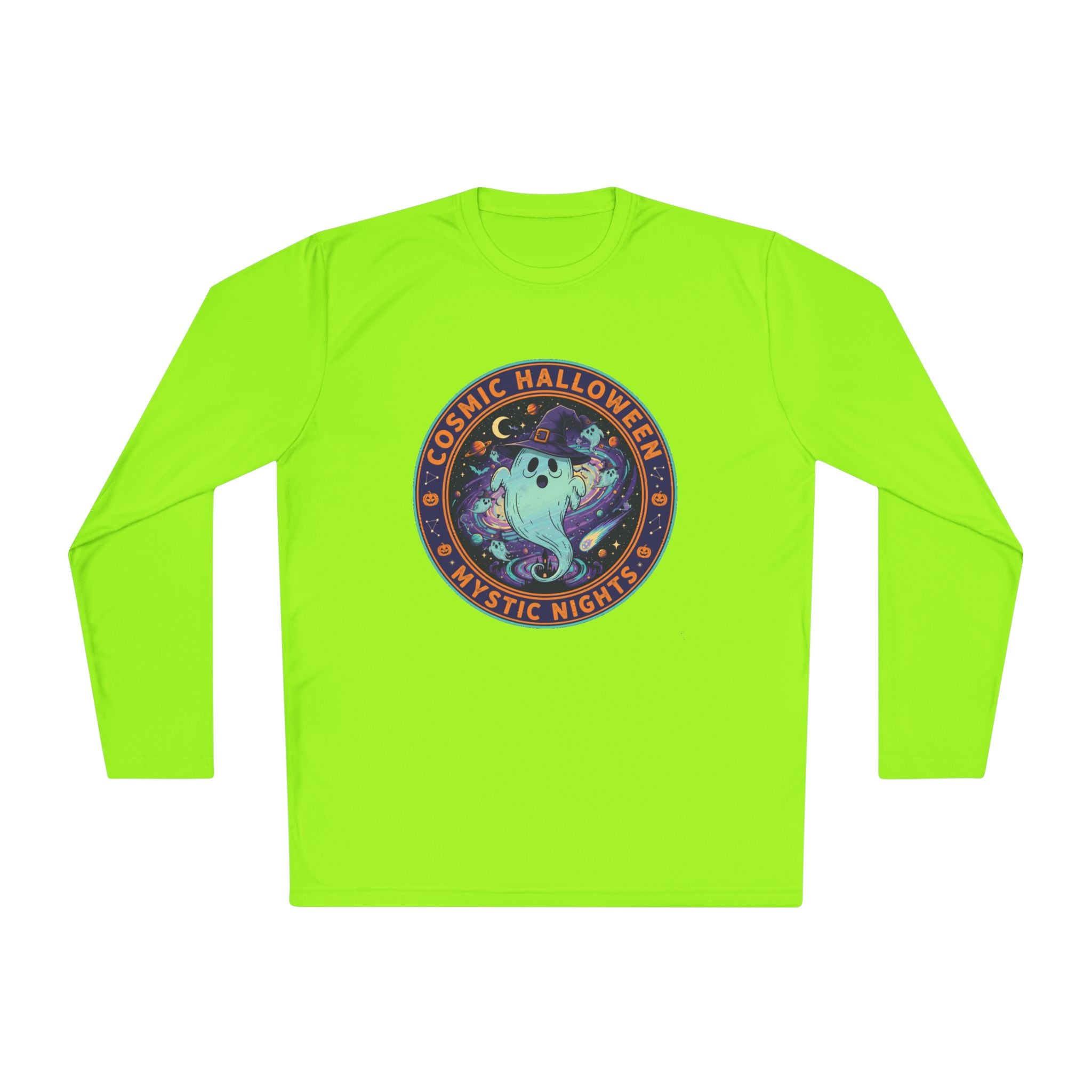 Cosmic Halloween Unisex Lightweight Long Sleeve Tee, Spooky Apparel for Fall, Ghost Graphic Tee, Mystic Nights Shirt, Halloween Fashion
