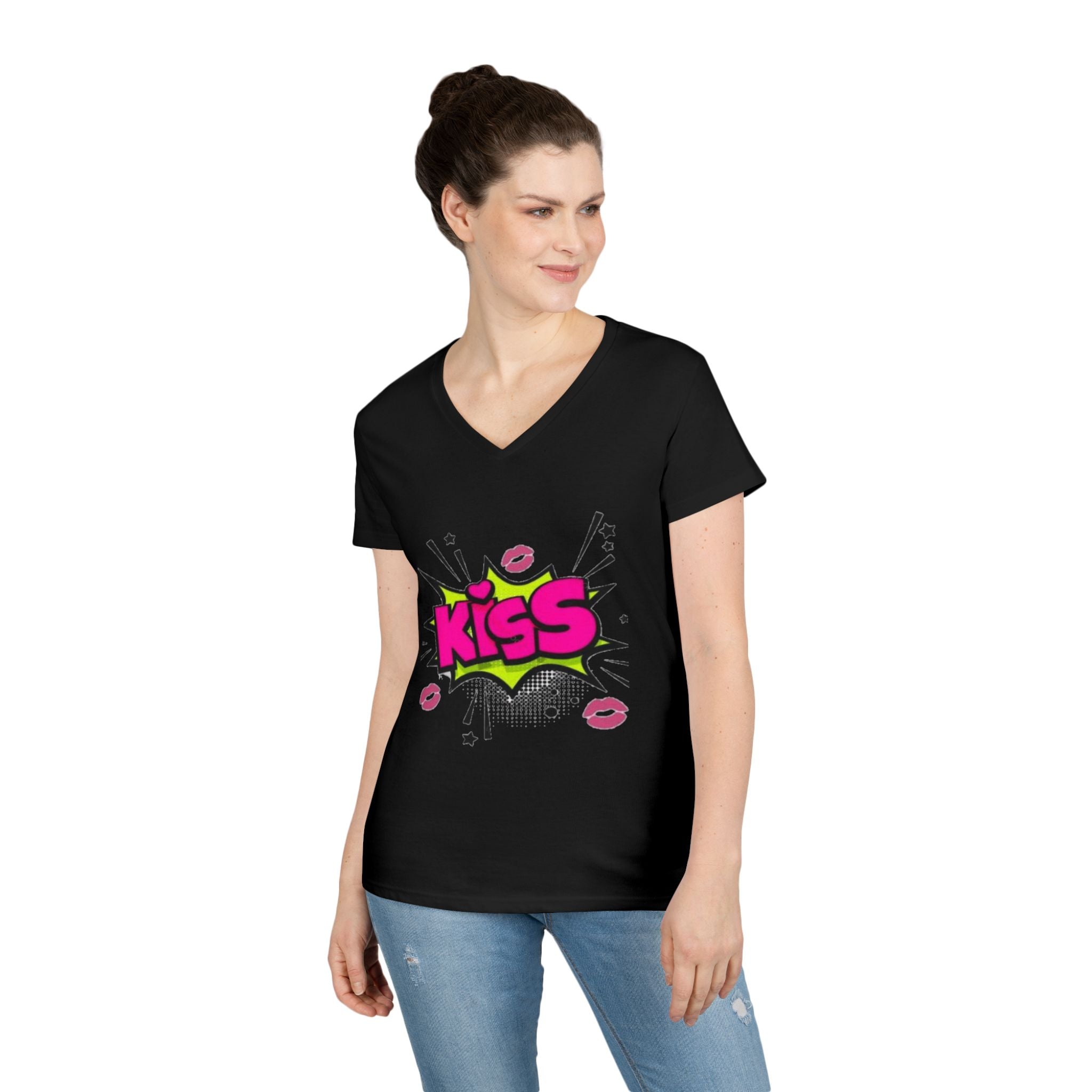 Kiss Graphic V-Neck Tee, Fun Graphic Shirt, Gift for Her, Casual Fashion, Cute Summer Top, Valentine's Day Gift