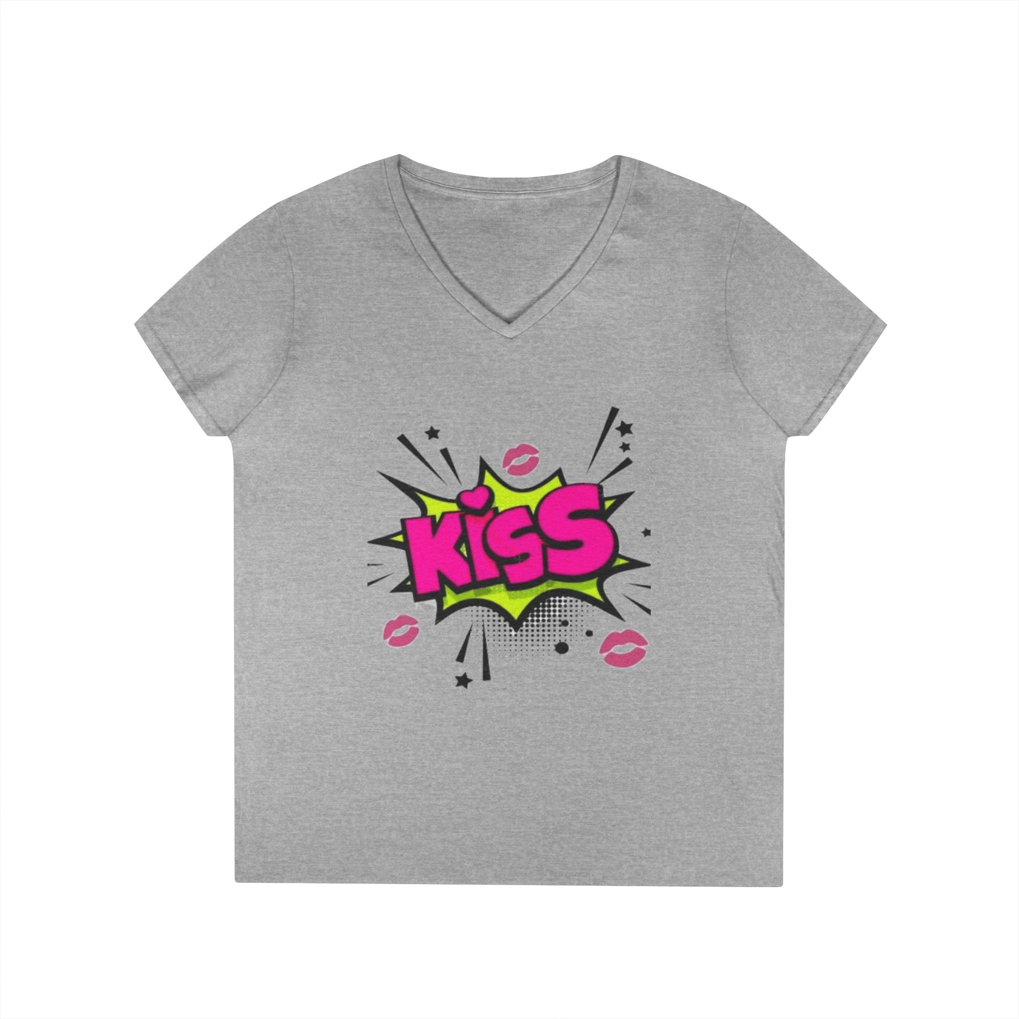 Kiss Graphic V-Neck Tee, Fun Graphic Shirt, Gift for Her, Casual Fashion, Cute Summer Top, Valentine's Day Gift